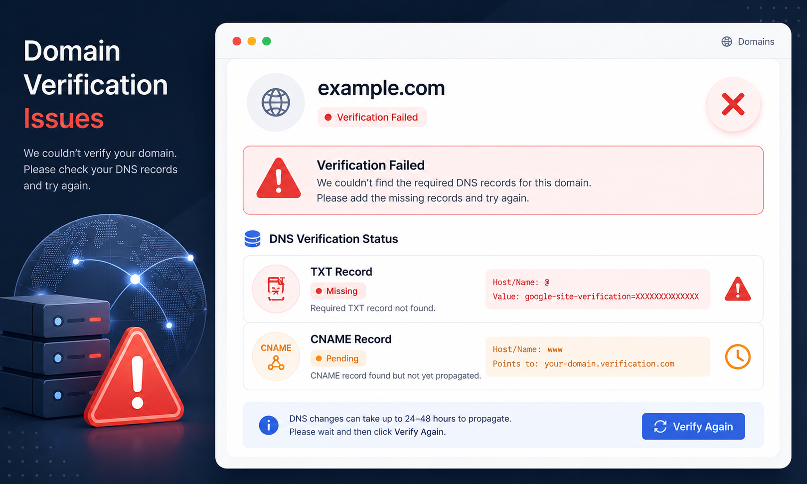 Domain verification issue screenshot