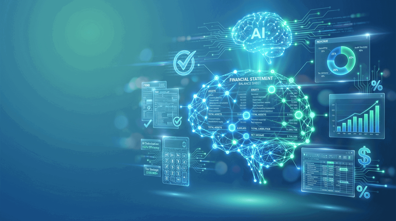 CPA and accounting firm AI visibility hero image showing a modern, high-trust financial advisory brand being recommended by AI assistants