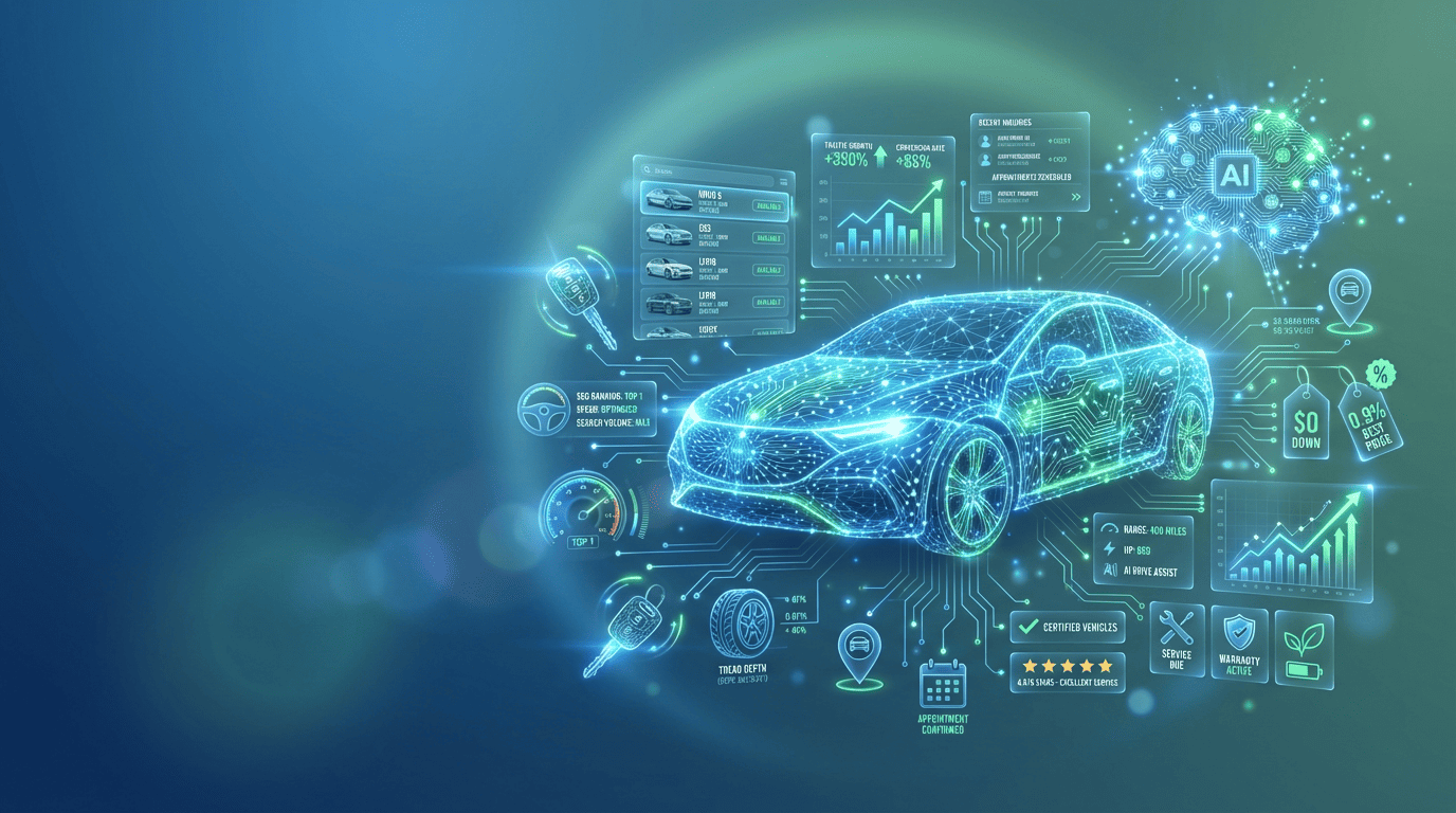 Auto dealership AI visibility hero image showing a modern showroom and buyer choosing a dealership recommended by AI