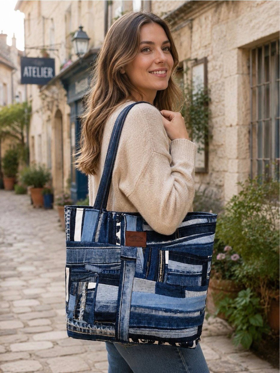 Woman carrying a handmade Cacklebury denim bag