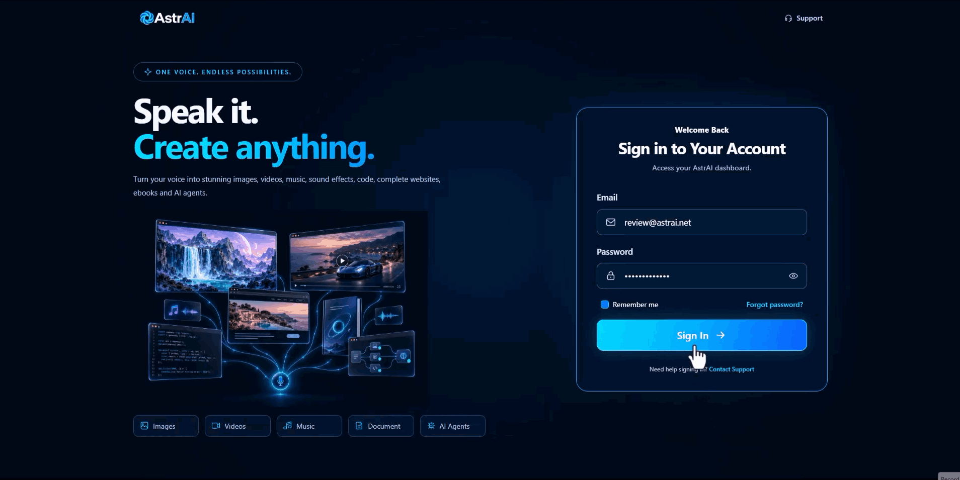 AstrAI login screen demo