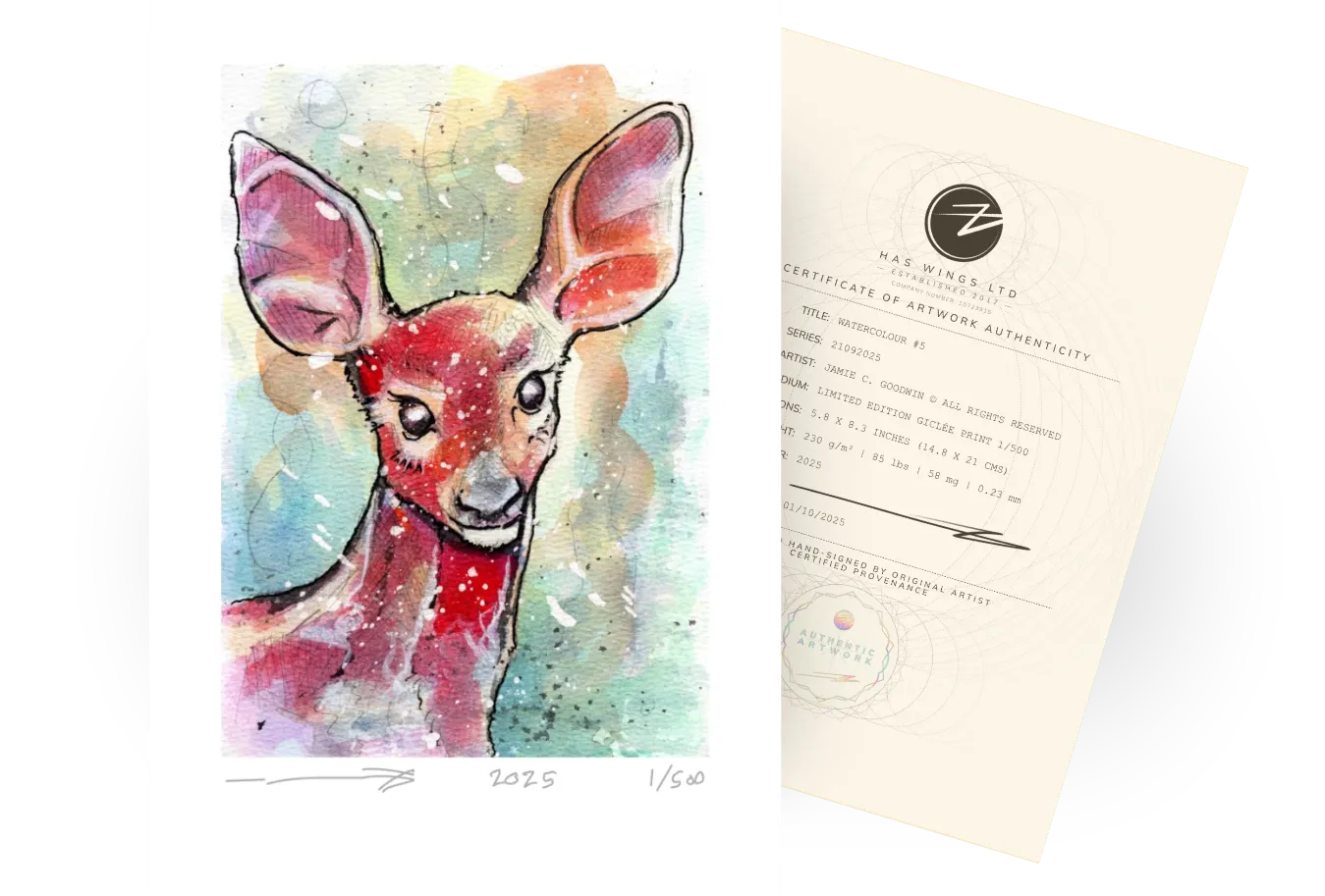A stunning portrait of a deer which blends the lines between abstract and figurative painting. Watercolour 5 Series 21092025 showing free limited edition print from Jamie C Goodwin available at jamiehaswings.com