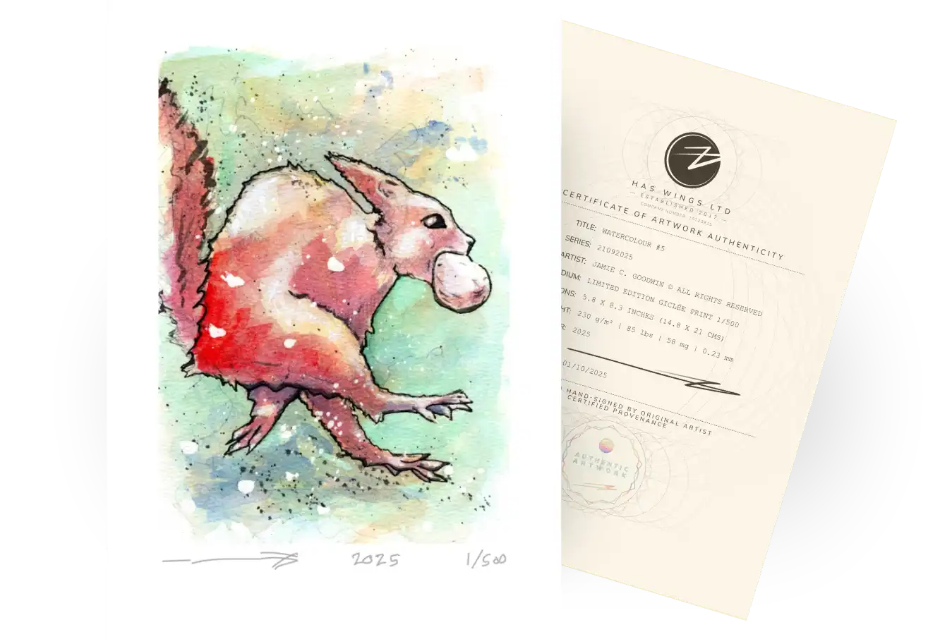A dynamic painting of a red squirel, full of movement Jamie's mix of abstract and figurative painting brings the animal to life. Watercolour 2 Series 21092025 showing free limited edition print from Jamie C Goodwin available at jamiehaswings.com