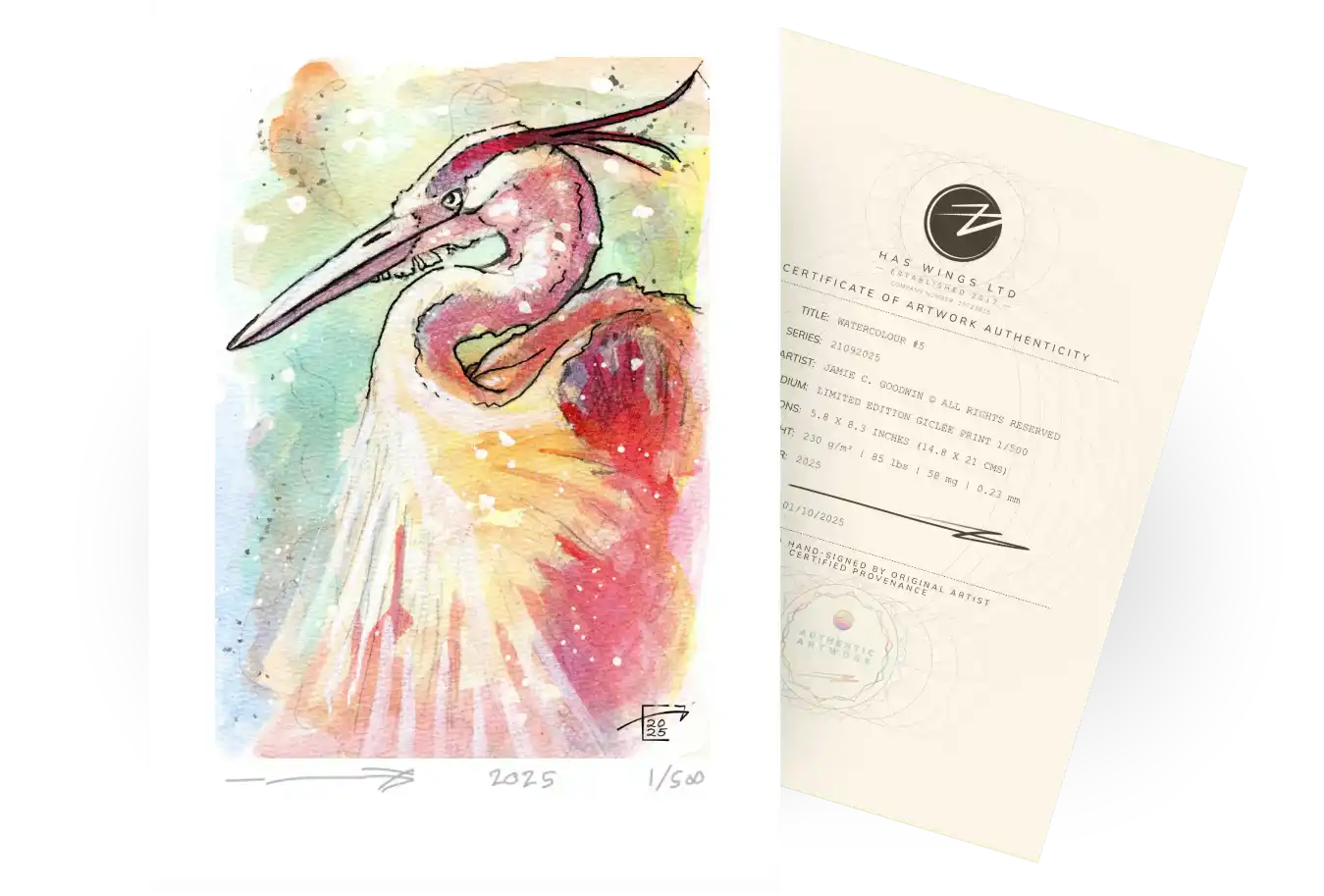 A beautiful etheral painting on a heron with vibrant warm colours. Watercolour 2 Series 21092025 showing free limited edition print from Jamie C Goodwin available at jamiehaswings.com
