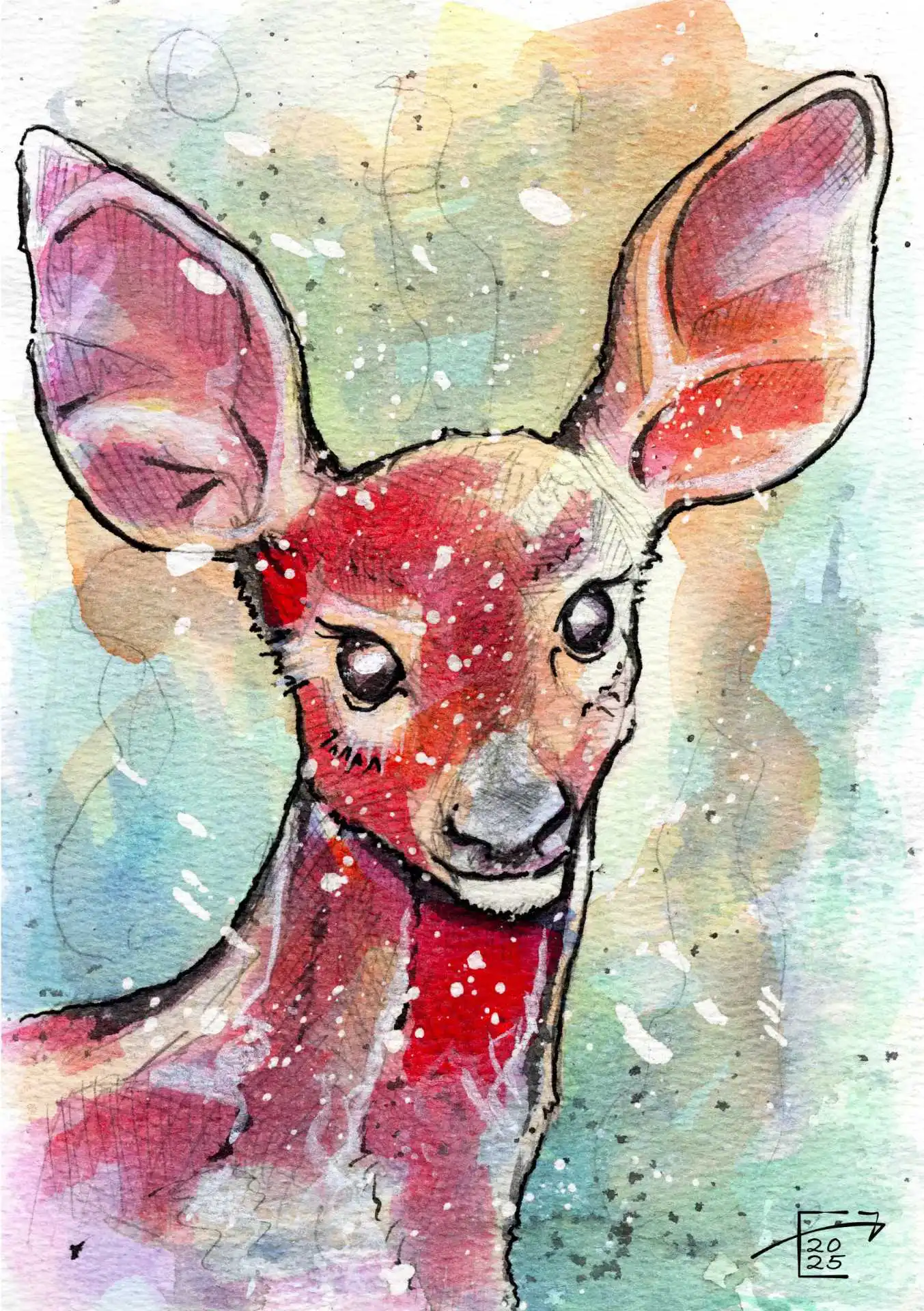 Watercolour #5 Series 21092025 — Shows the painting by Jamie C. Goodwin of a female deer portrait done in an abstract illustrative style.