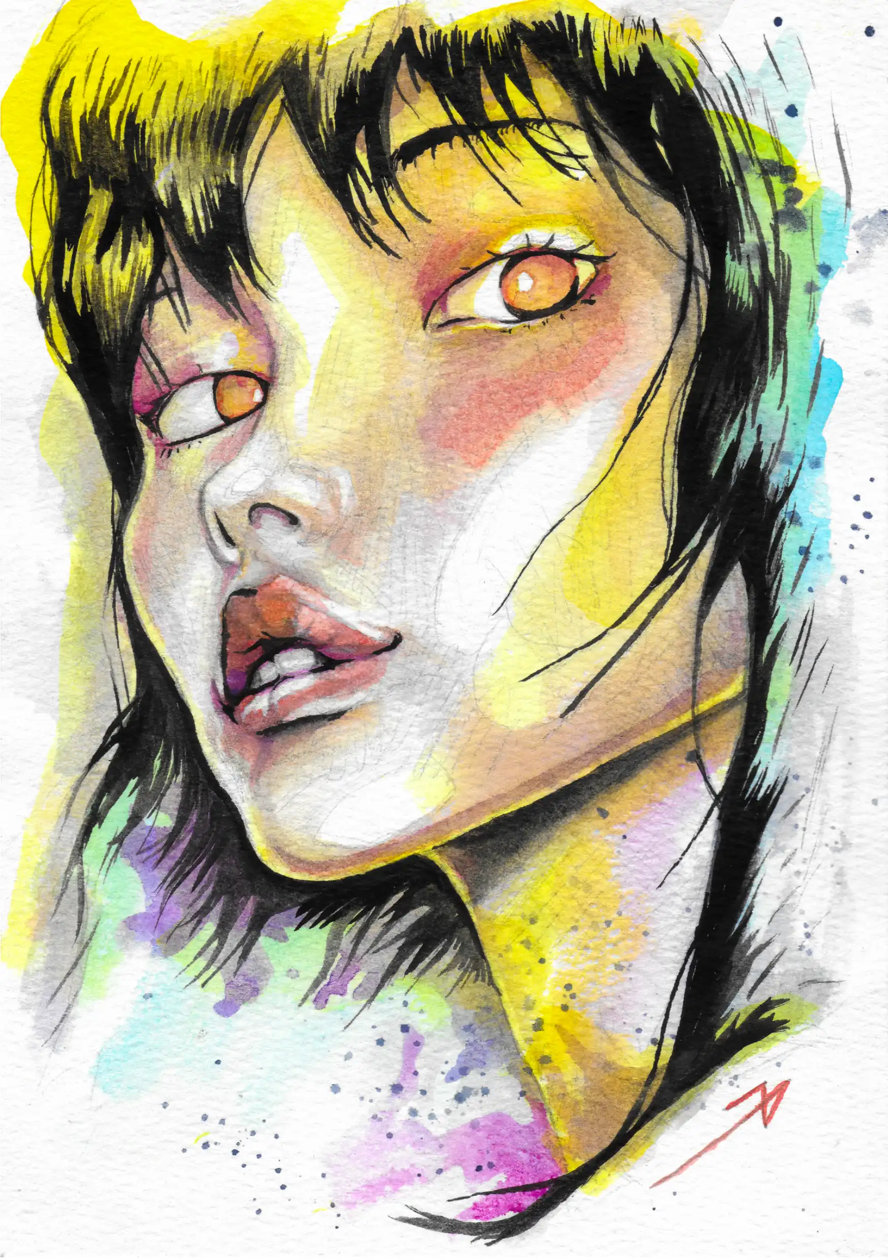 Amaterasu Watercolor Portrait Painting Shinto Sun Goddess Japanese Deities Kami. Japandi Abstract Anime Style Illustration. Original Artwork by Jamie C Goodwin