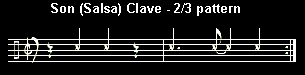 Music notation diagram showing the 2/3 Son Salsa Clave pattern layout, highlighting the two-beat syncopated measure followed by the three-beat measure for salsa dancers learning rhythm and timing.