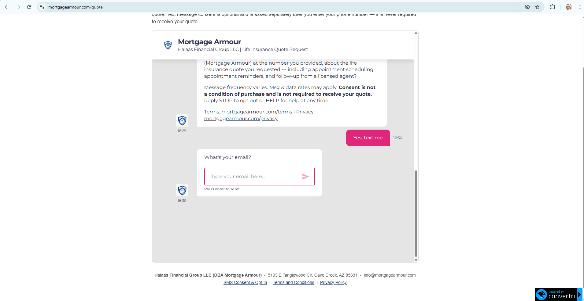 Quote form showing the customer's Yes, text me response recorded, followed by the email question