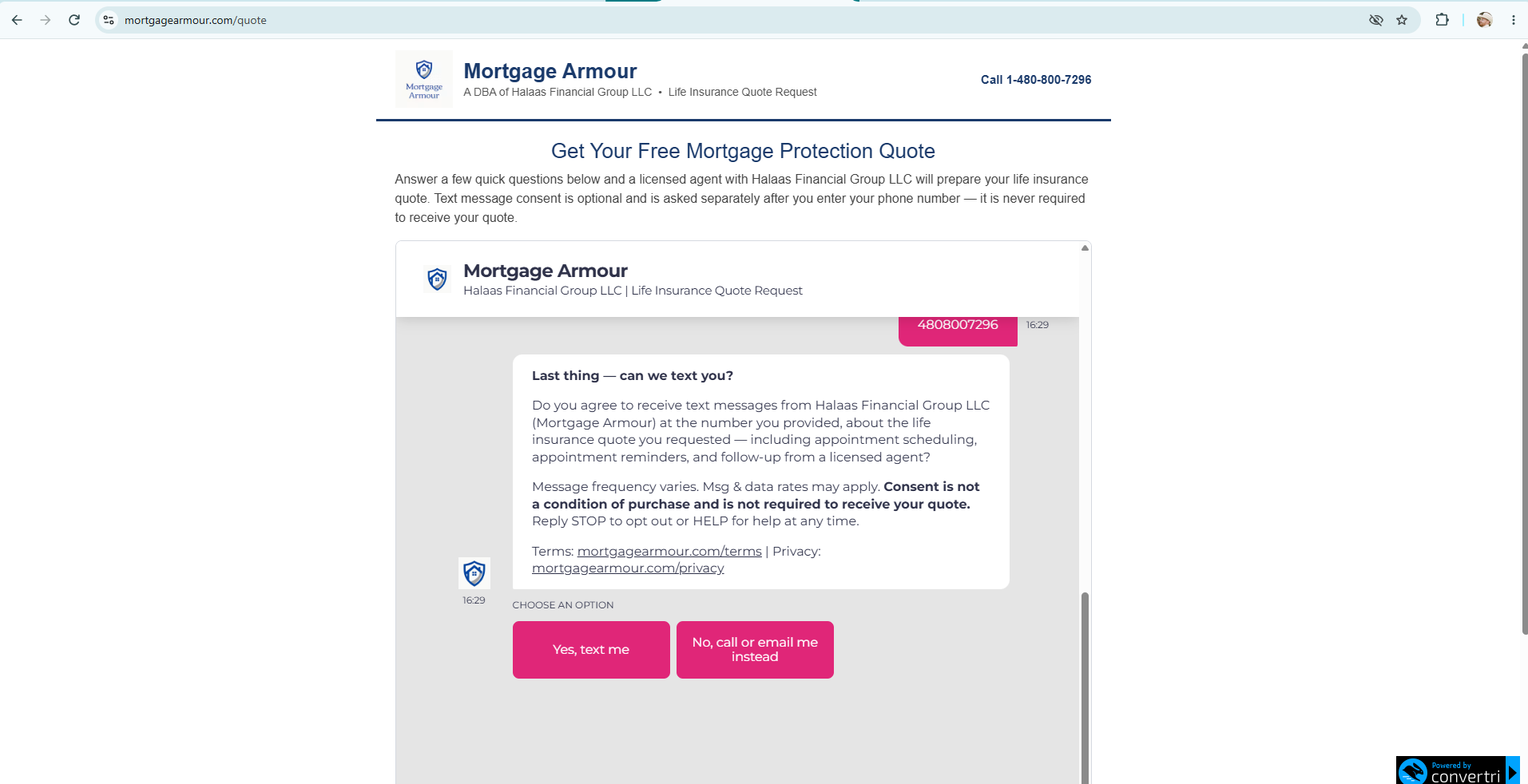 Quote form showing the cell phone number question, the customer's entry, and the SMS consent question with Yes, text me and No, call or email me instead buttons
