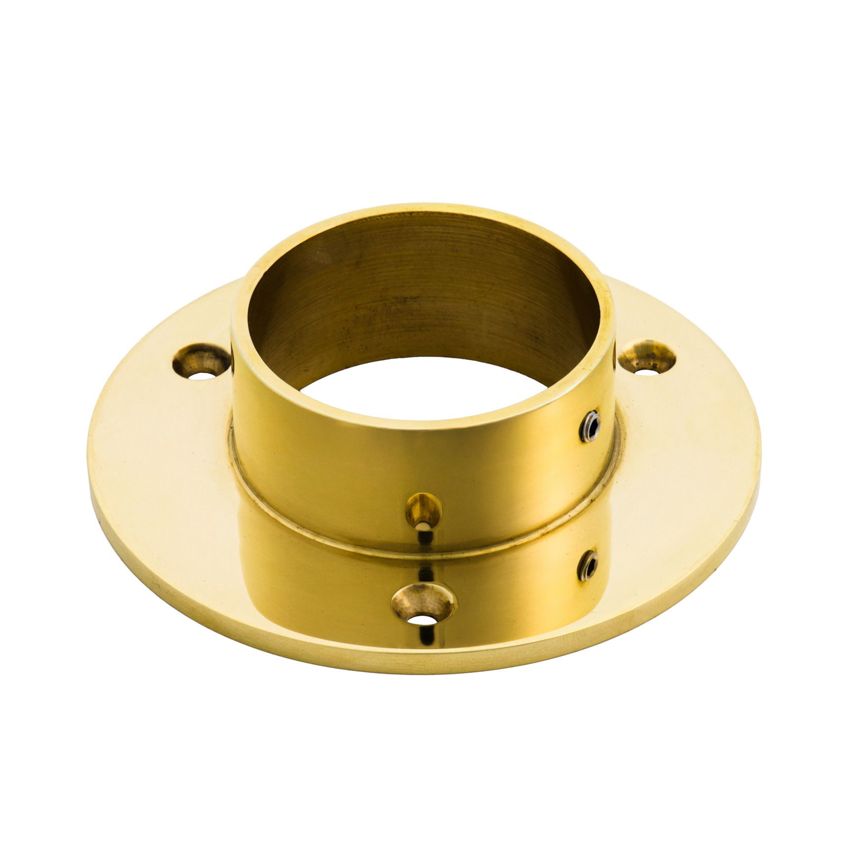 Studio product photo of a polished brass flange shown from an angle, photographed in Brisbane by VERAS Studio