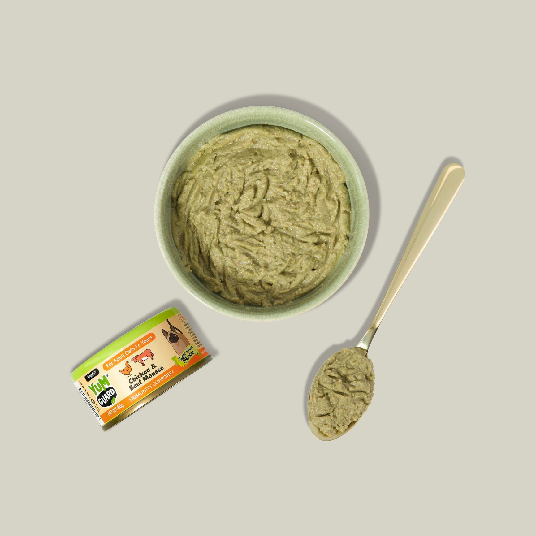 Overhead studio shot of cat food can packaging