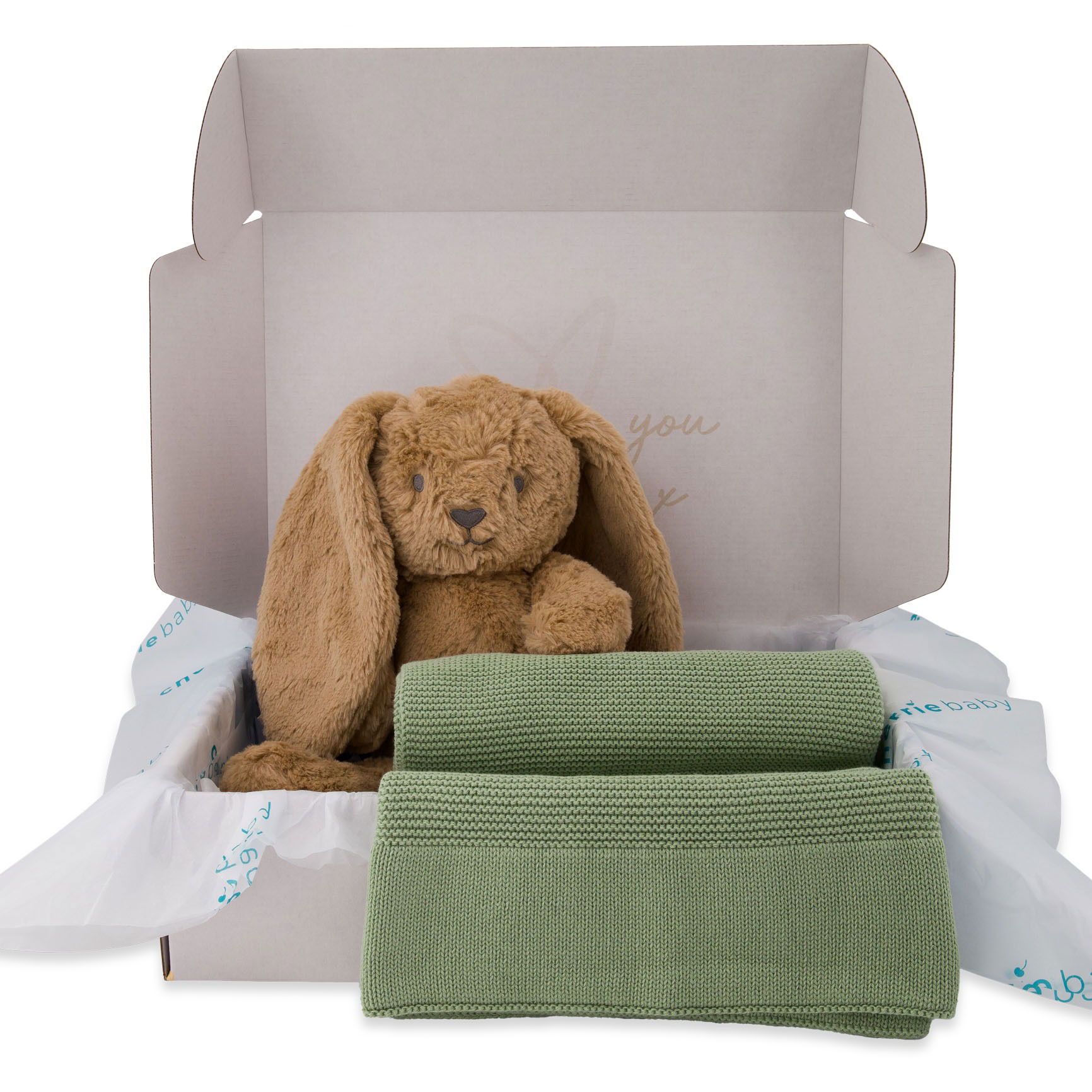 Newborn essentials set captured in Brisbane, highlighting a cozy blanket and cuddly rabbit in a coordinated gift layout.