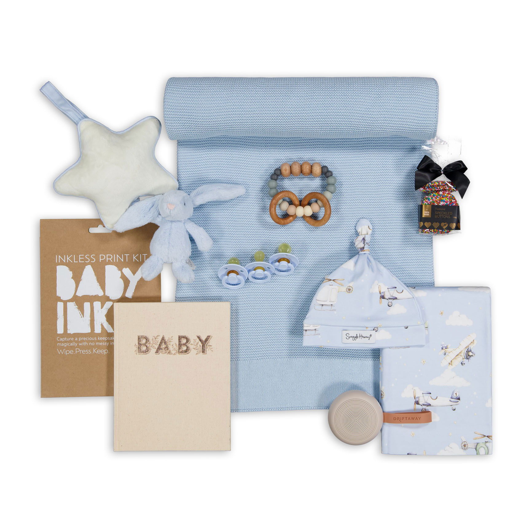 Complete baby gift set photographed in Brisbane, including clothing, blankets, and baby accessories.