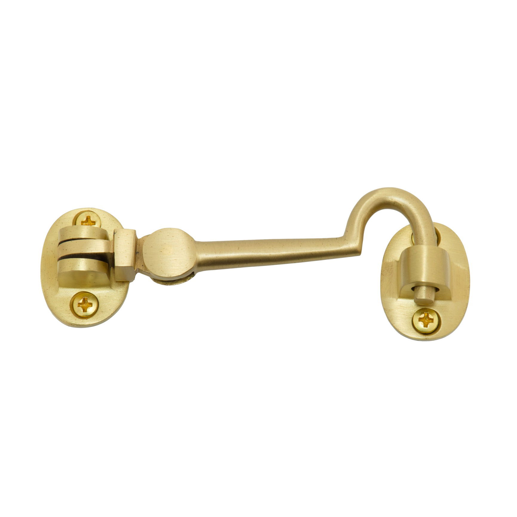Studio product photo of a satin brass cabin hook shown from an angle, photographed in Brisbane by VERAS Studio