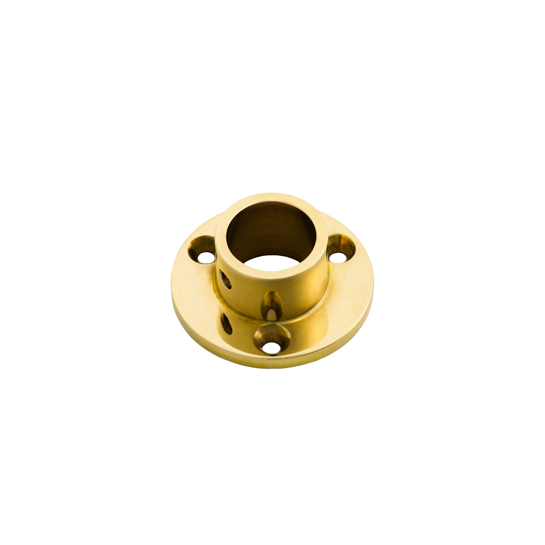 Studio product photo of a polished brass flange shown from an angle, photographed in Brisbane by VERAS Studio