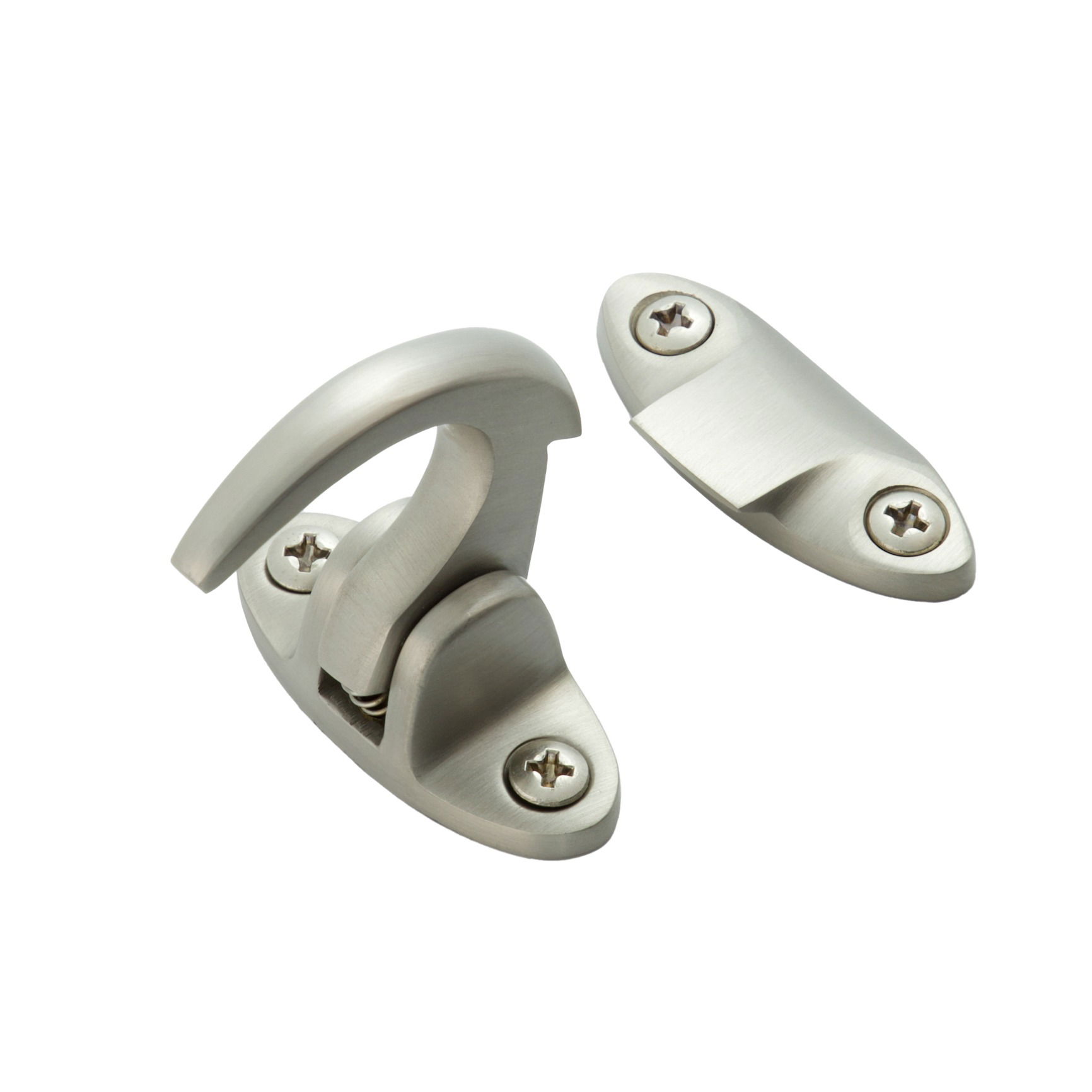 Studio product photo of a satin nickel spur catch shown from an angle, photographed in Brisbane by VERAS Studio