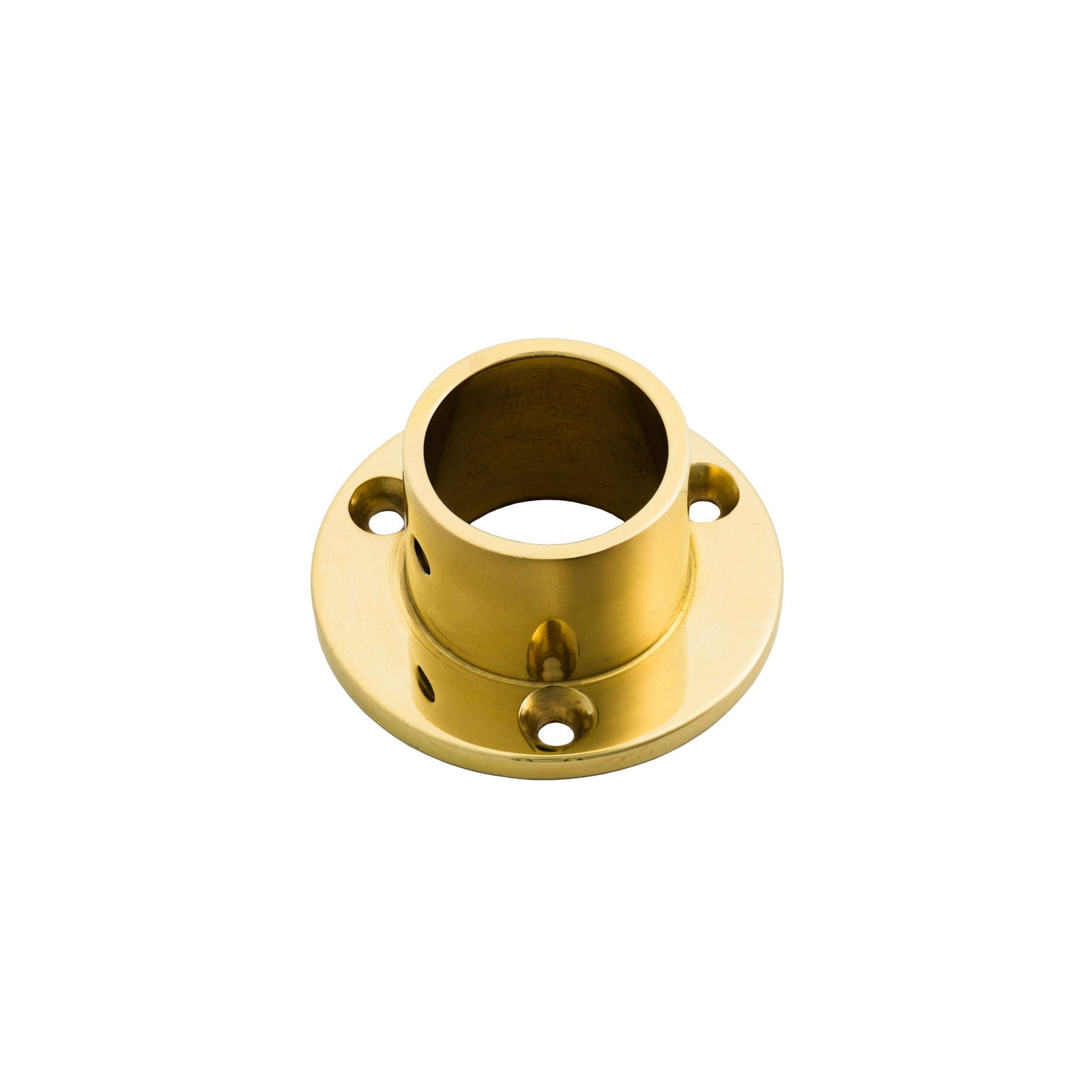 Studio product photo of a polished brass flange shown from an angle, photographed in Brisbane by VERAS Studio