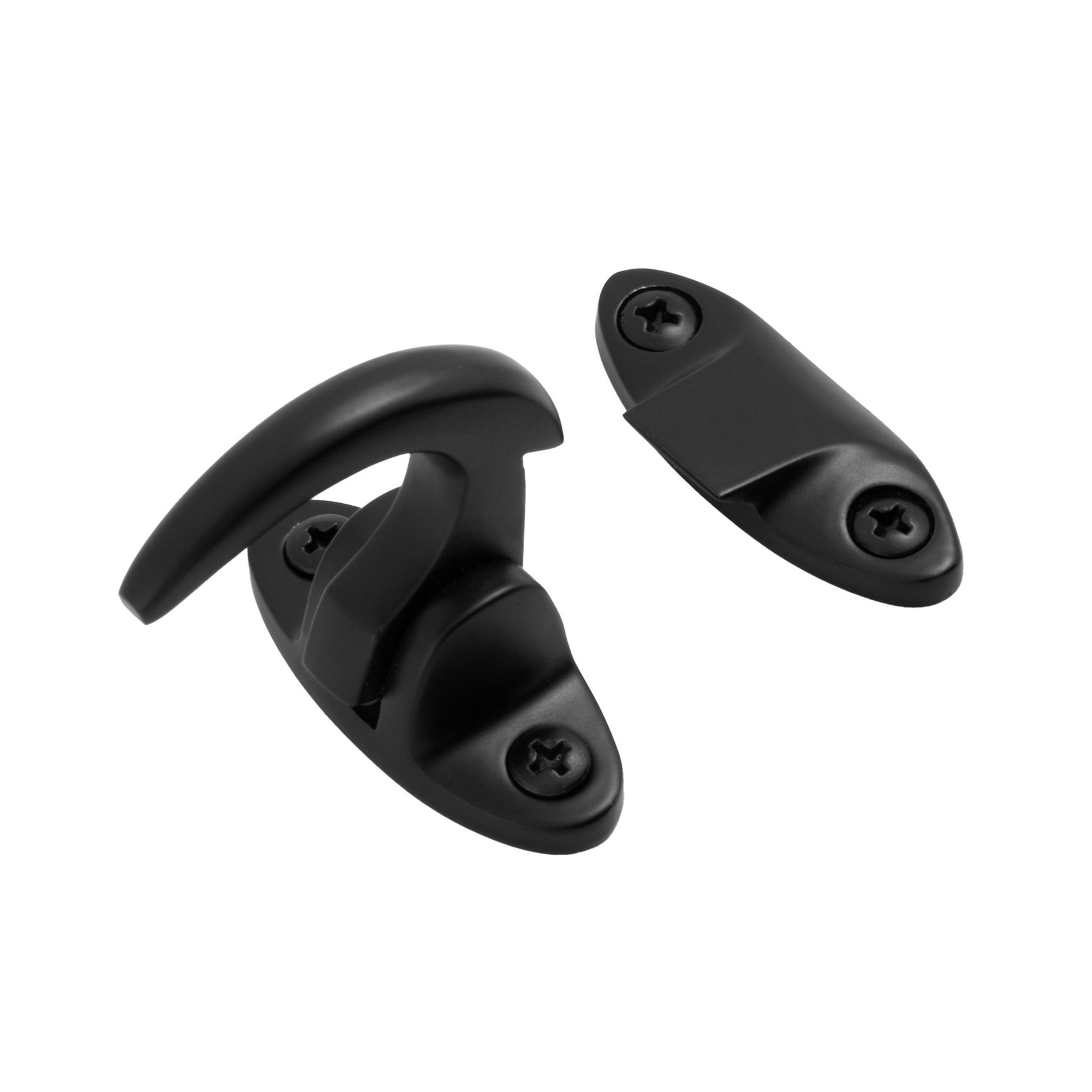 Studio product photo of a matt black spur catch shown from an angle, photographed in Brisbane by VERAS Studio