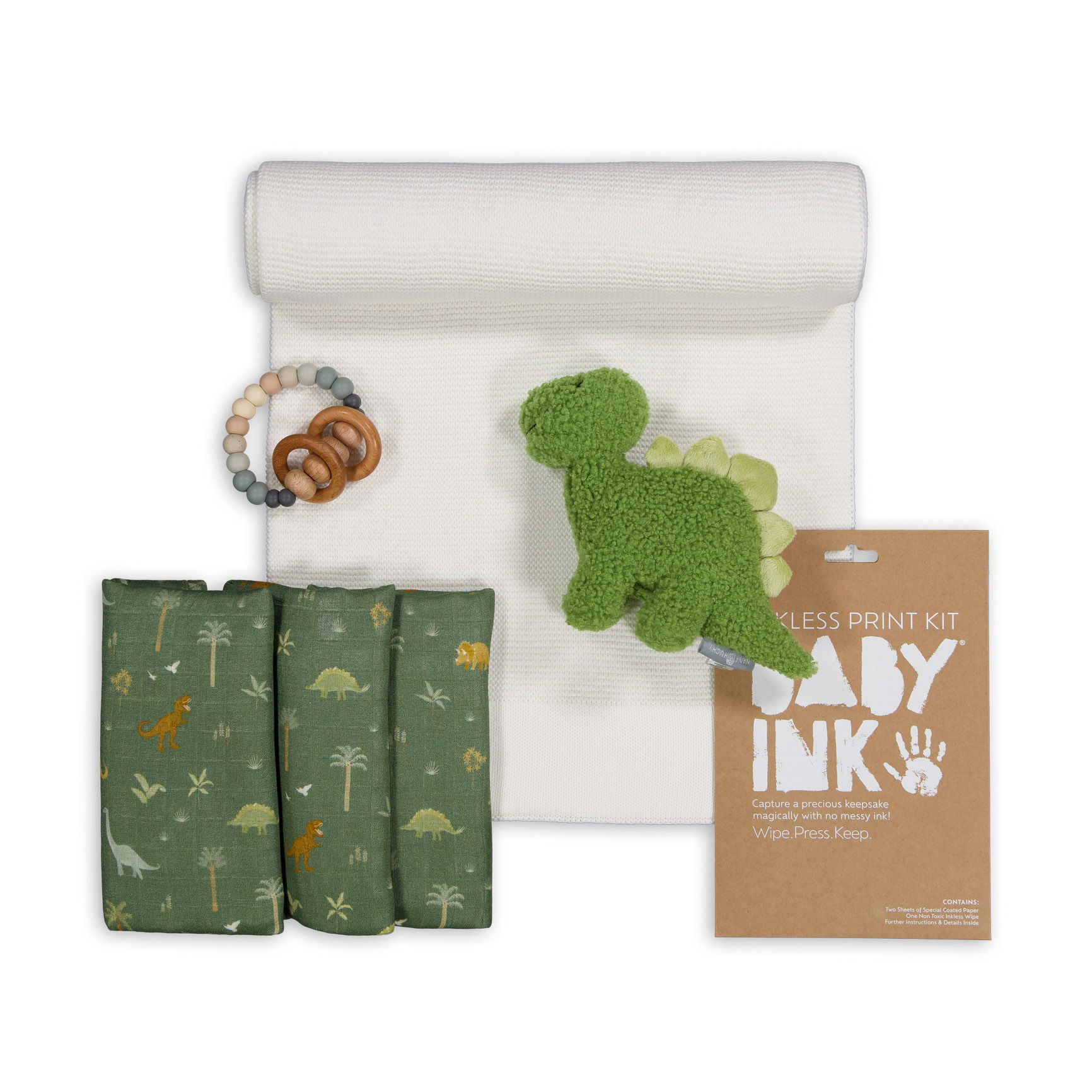 Baby essentials set photographed in Brisbane studio, highlighting textures, colors, and coordinated design.