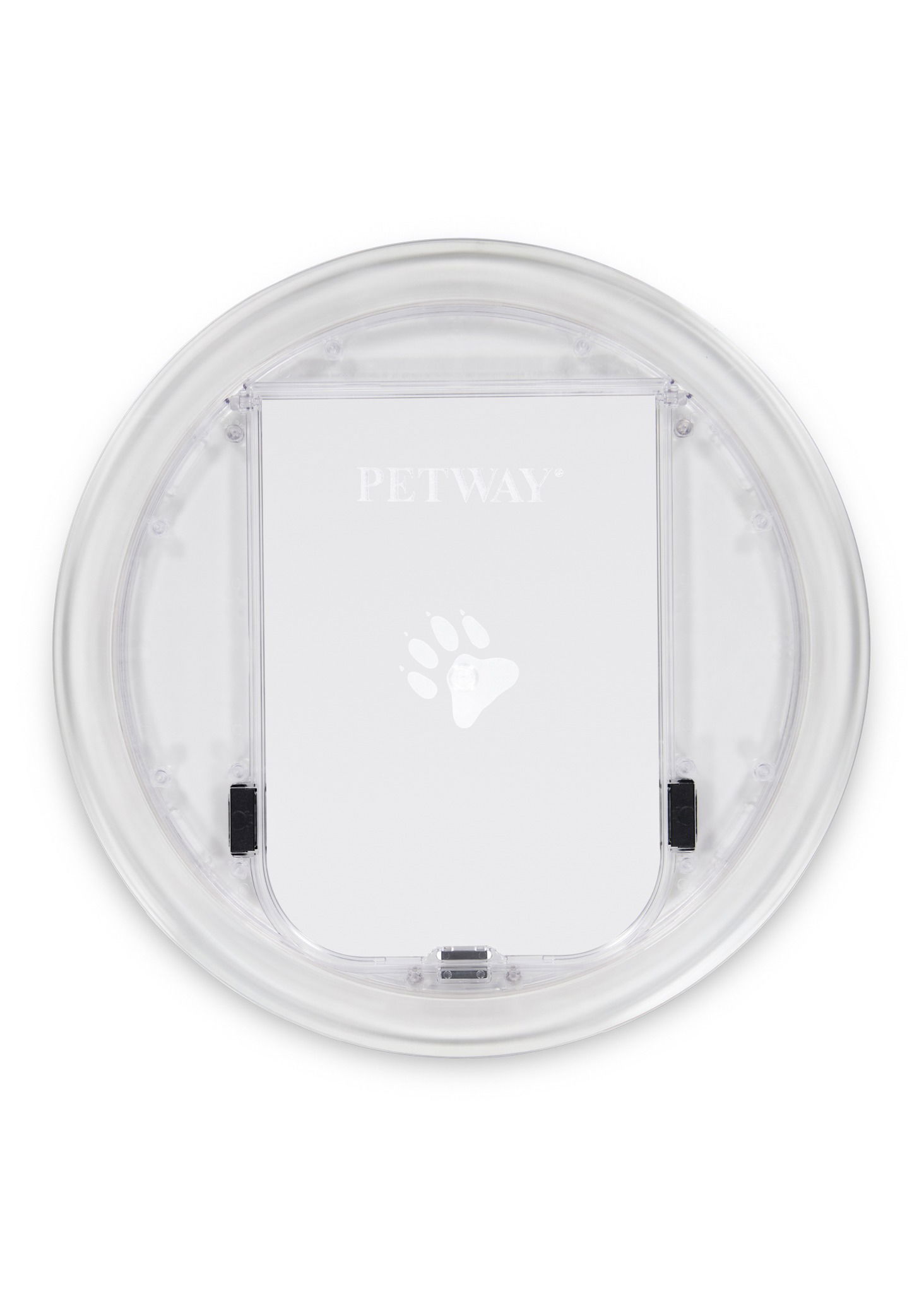 Round pet door photographed in studio for product listing