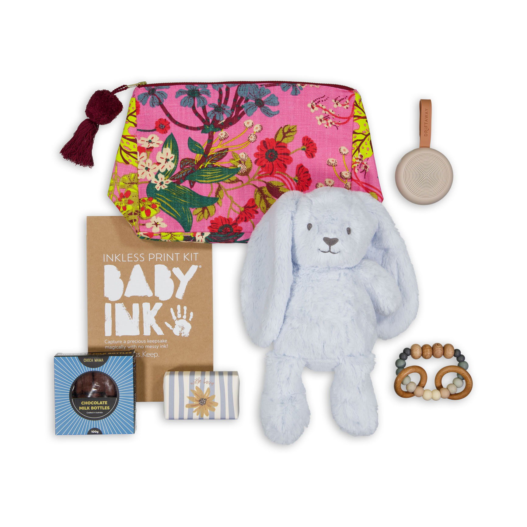 Complete newborn essentials set photographed in Brisbane, highlighting textures, soft materials, and coordinated design.