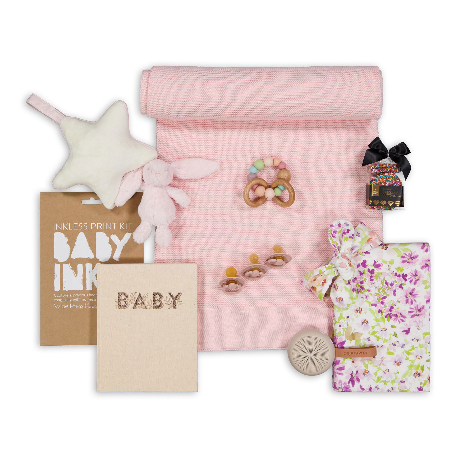 Baby set photographed in Brisbane, showing an assortment of blankets, clothing, and practical accessories.