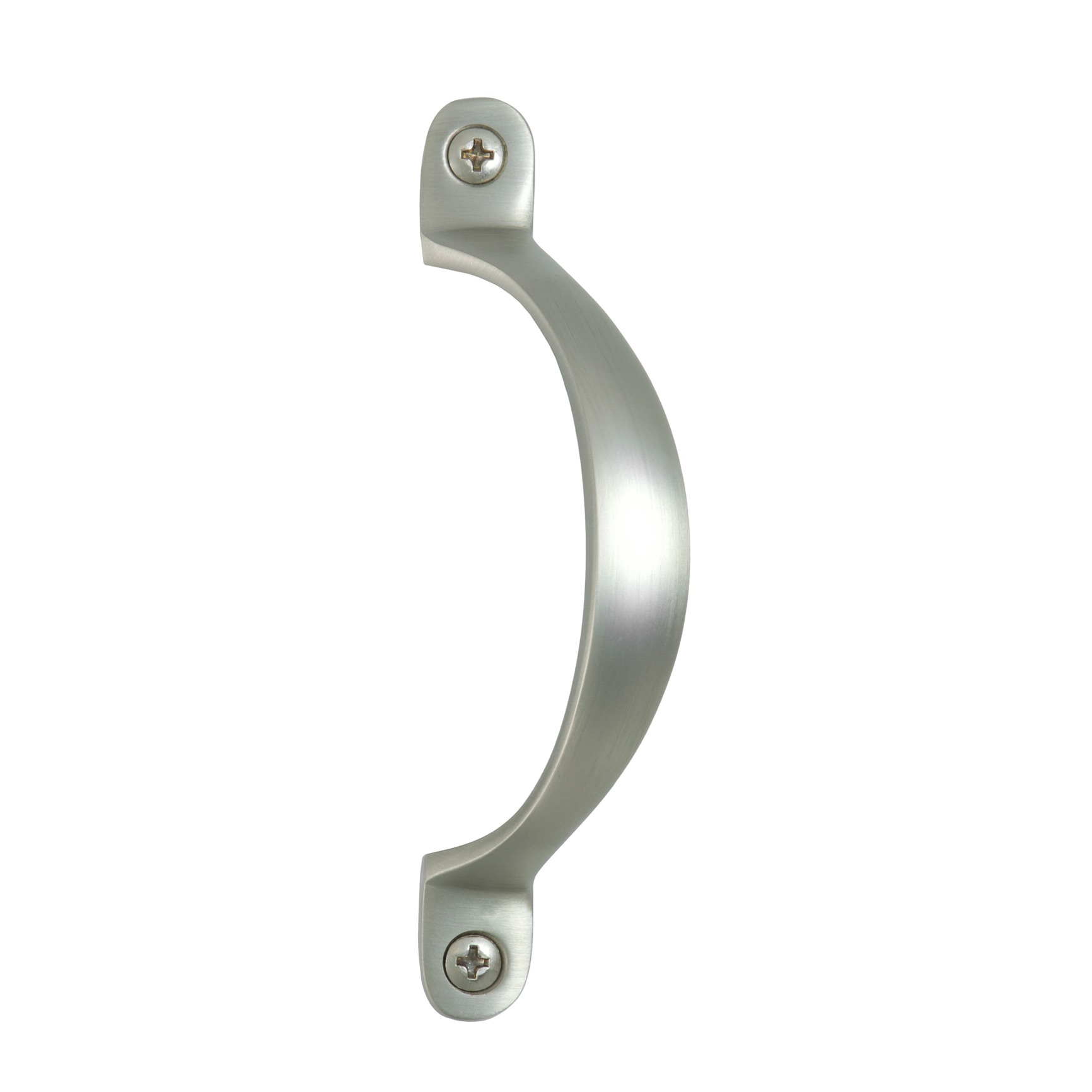 Studio product photo of a satin nickel offset pull handle shown from a front, photographed in Brisbane by VERAS Studio