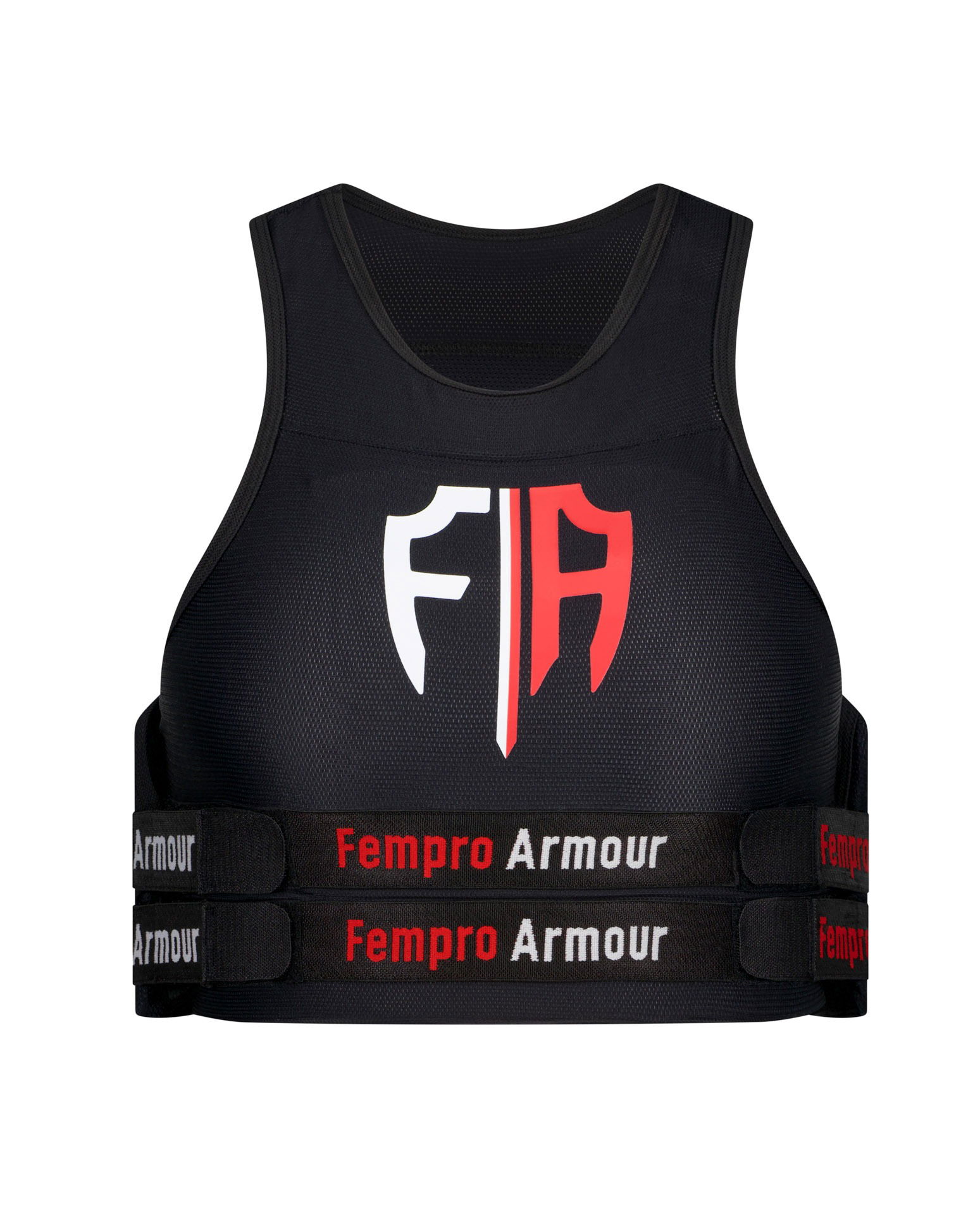 Front view of sports armour photographed in a Brisbane studio, highlighting design, protection features, and material details