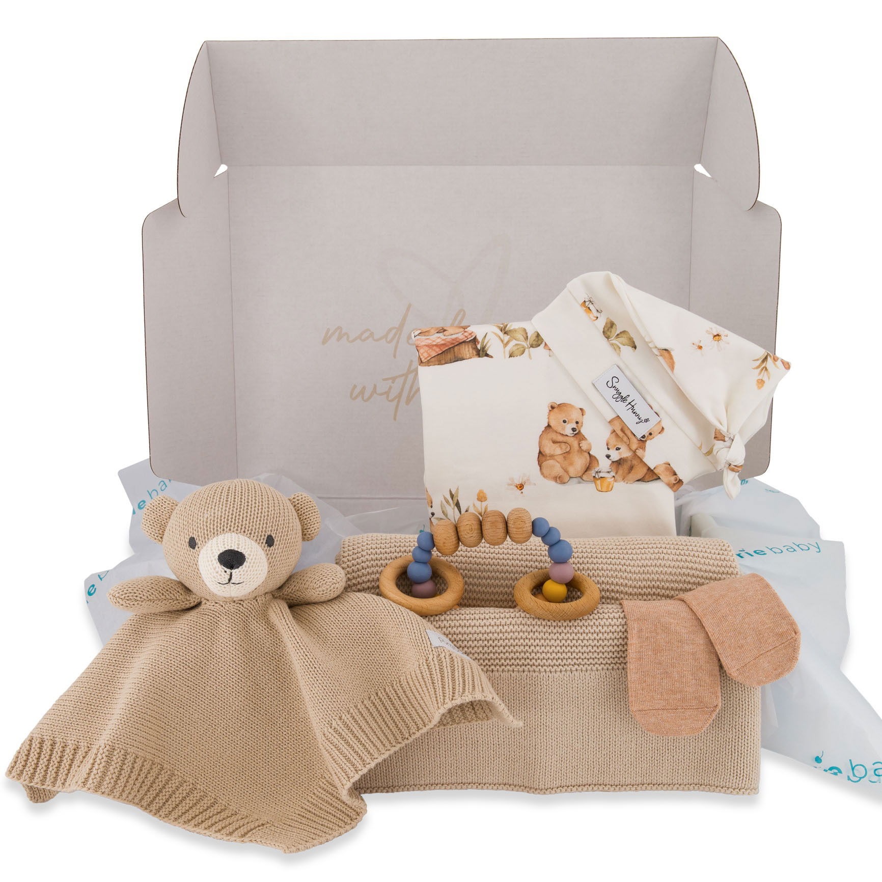Baby gift set with plush toy and blanket, styled and photographed for e-commerce in Brisbane.