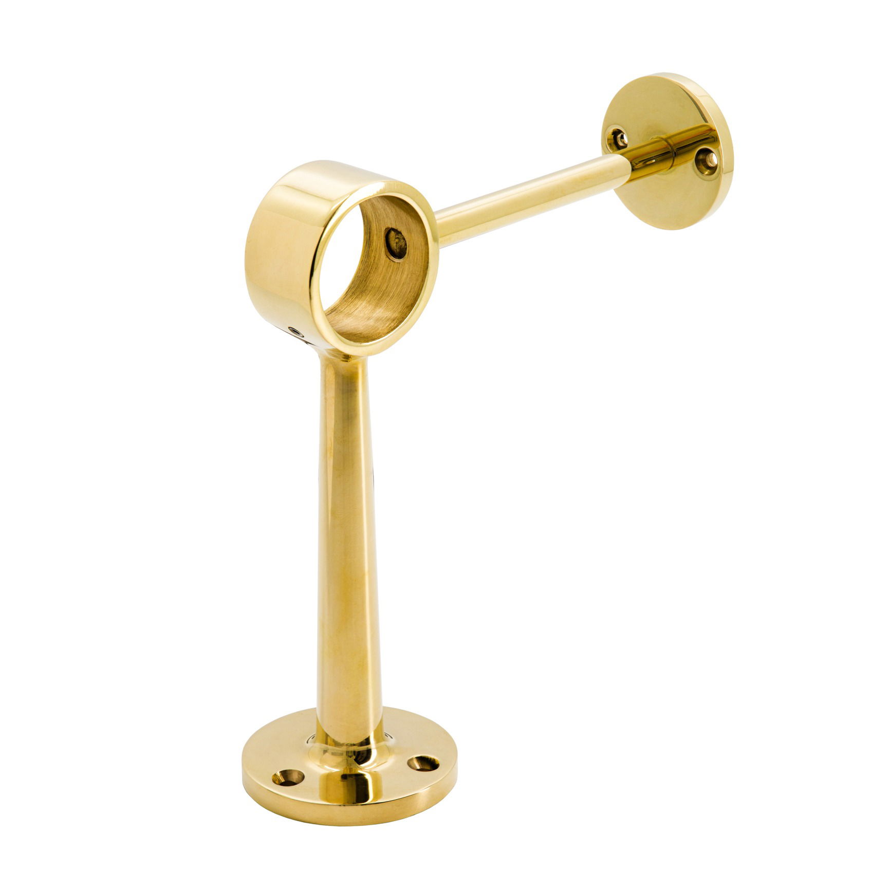 Studio product photo of a polished brass bar bracket shown from an angle, photographed in Brisbane by VERAS Studio