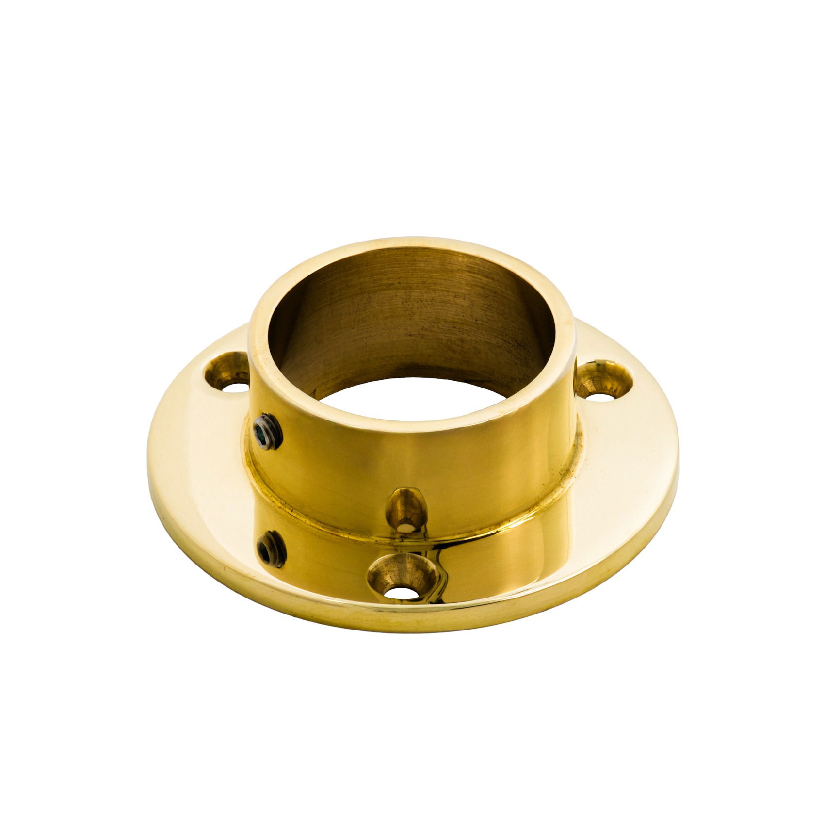 Studio product photo of a polished brass flange shown from an angle, photographed in Brisbane by VERAS Studio