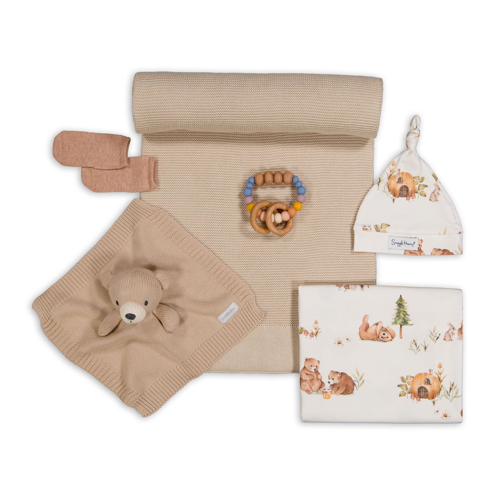 Gift set photographed in a Brisbane studio, displaying a complete set of baby essentials for parents.