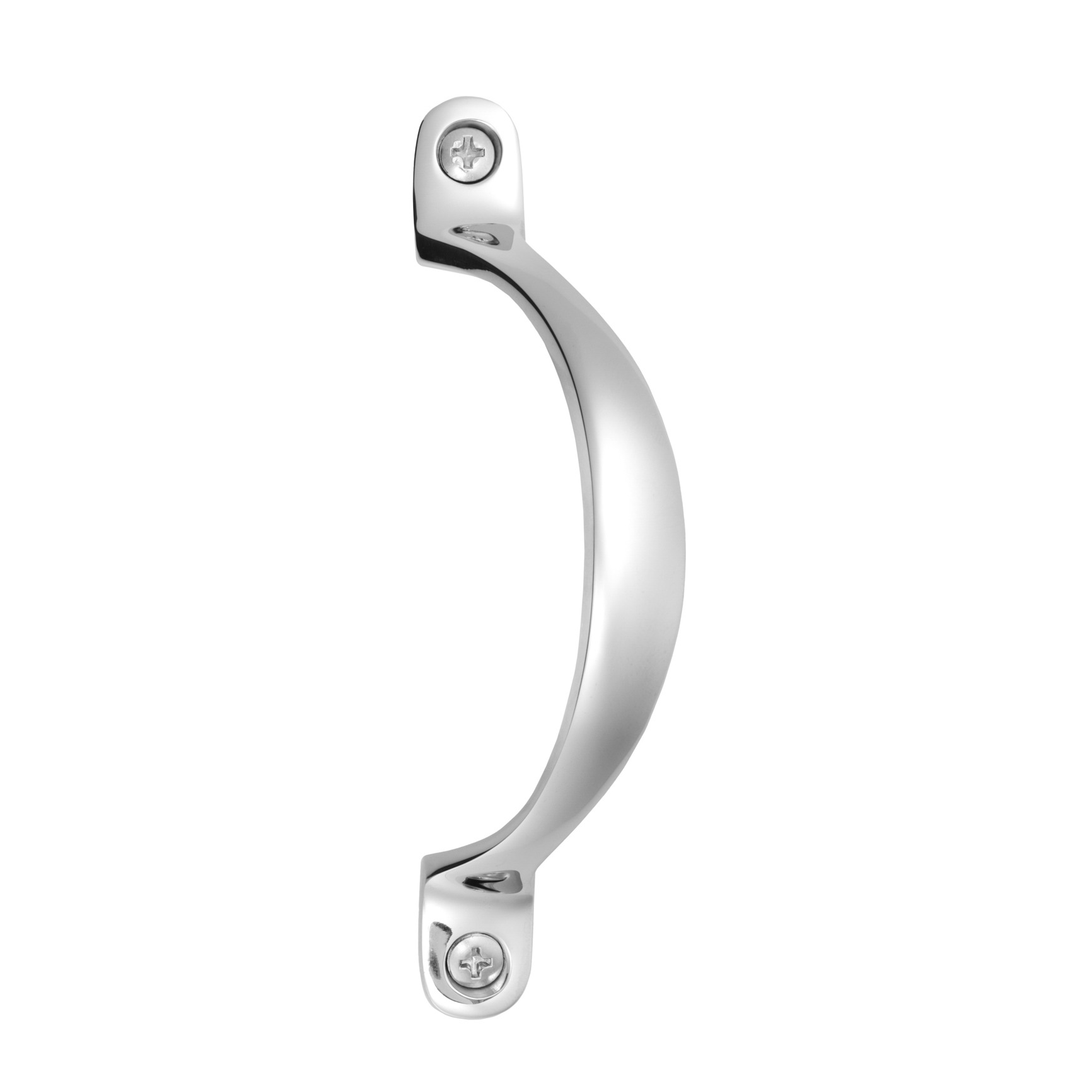 Studio product photo of a polished chrome offset pull handle shown from a front, photographed in Brisbane by VERAS Studio