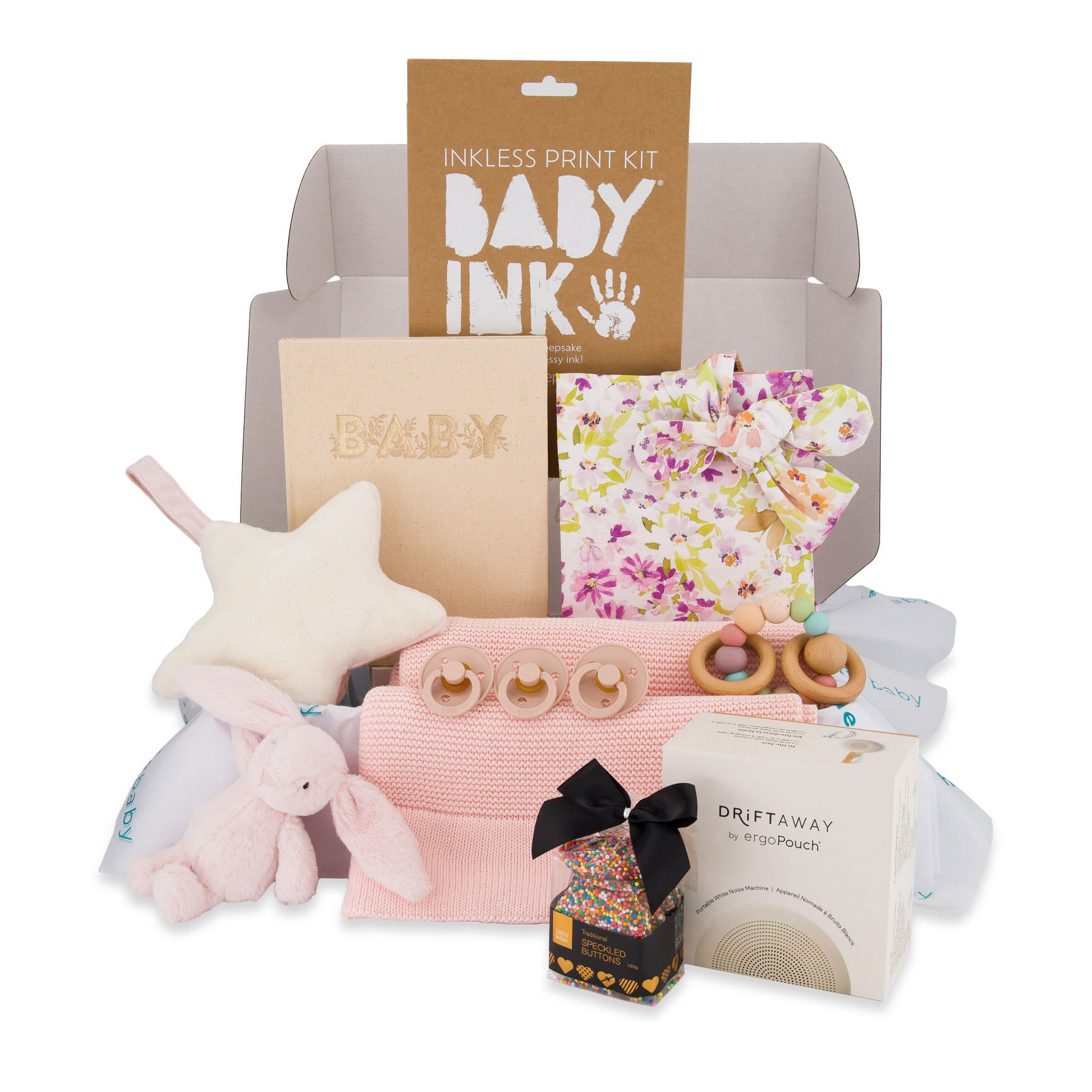 Styled baby gift set photographed in Brisbane, showcasing essentials for newborns in premium presentation.
