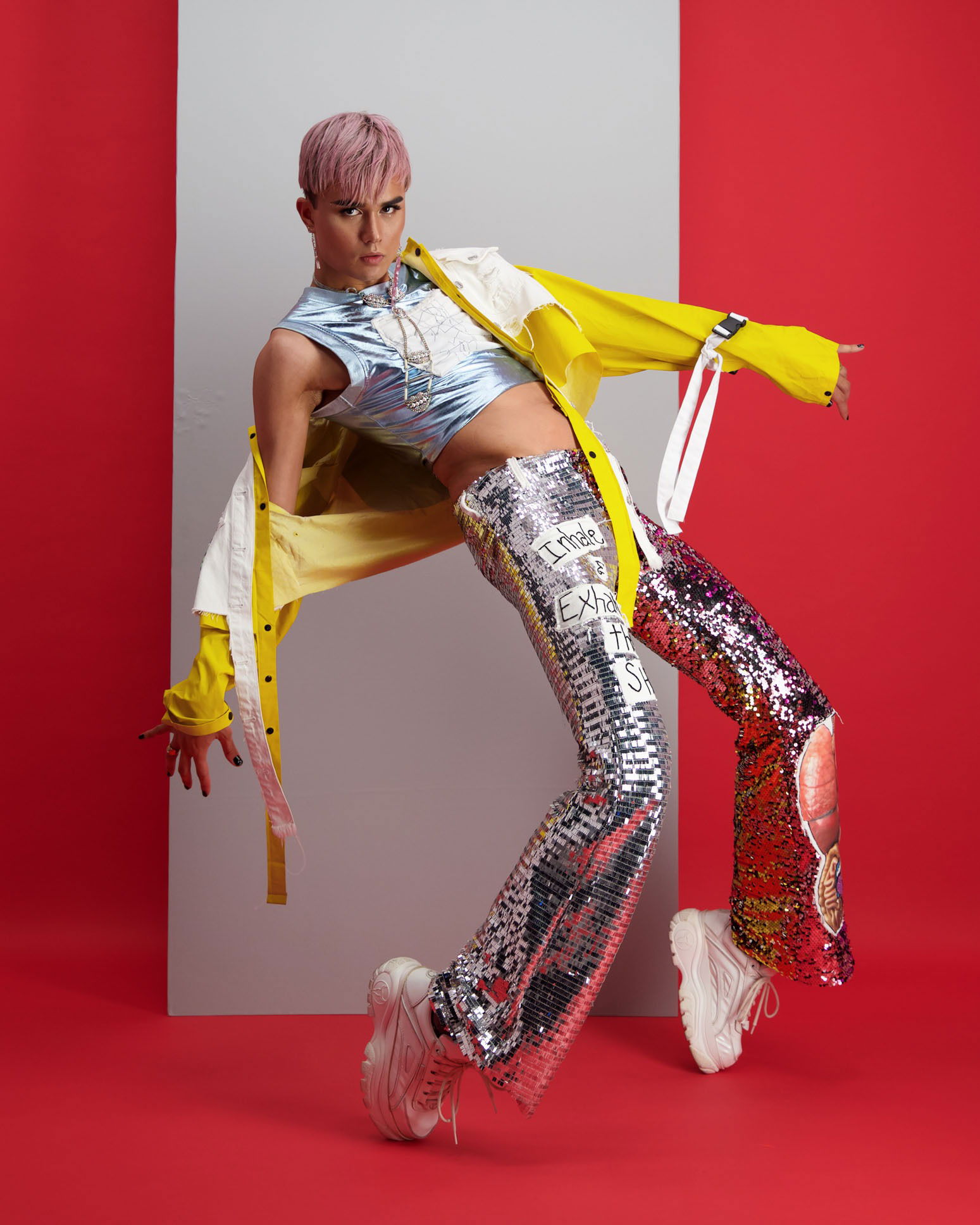 Creative model shot against colourful background