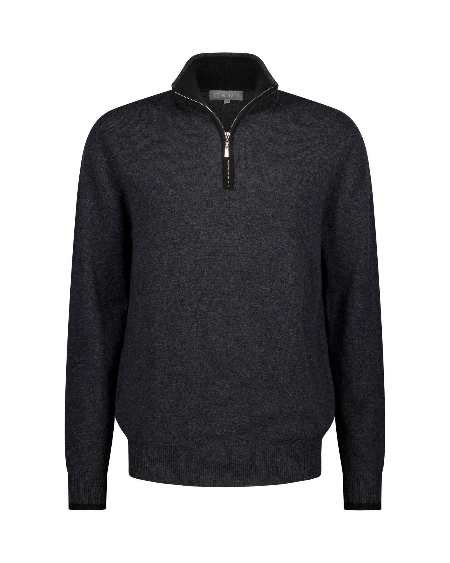 Front view of a sweater displayed with a ghost mannequin effect, showcasing its design and fit.