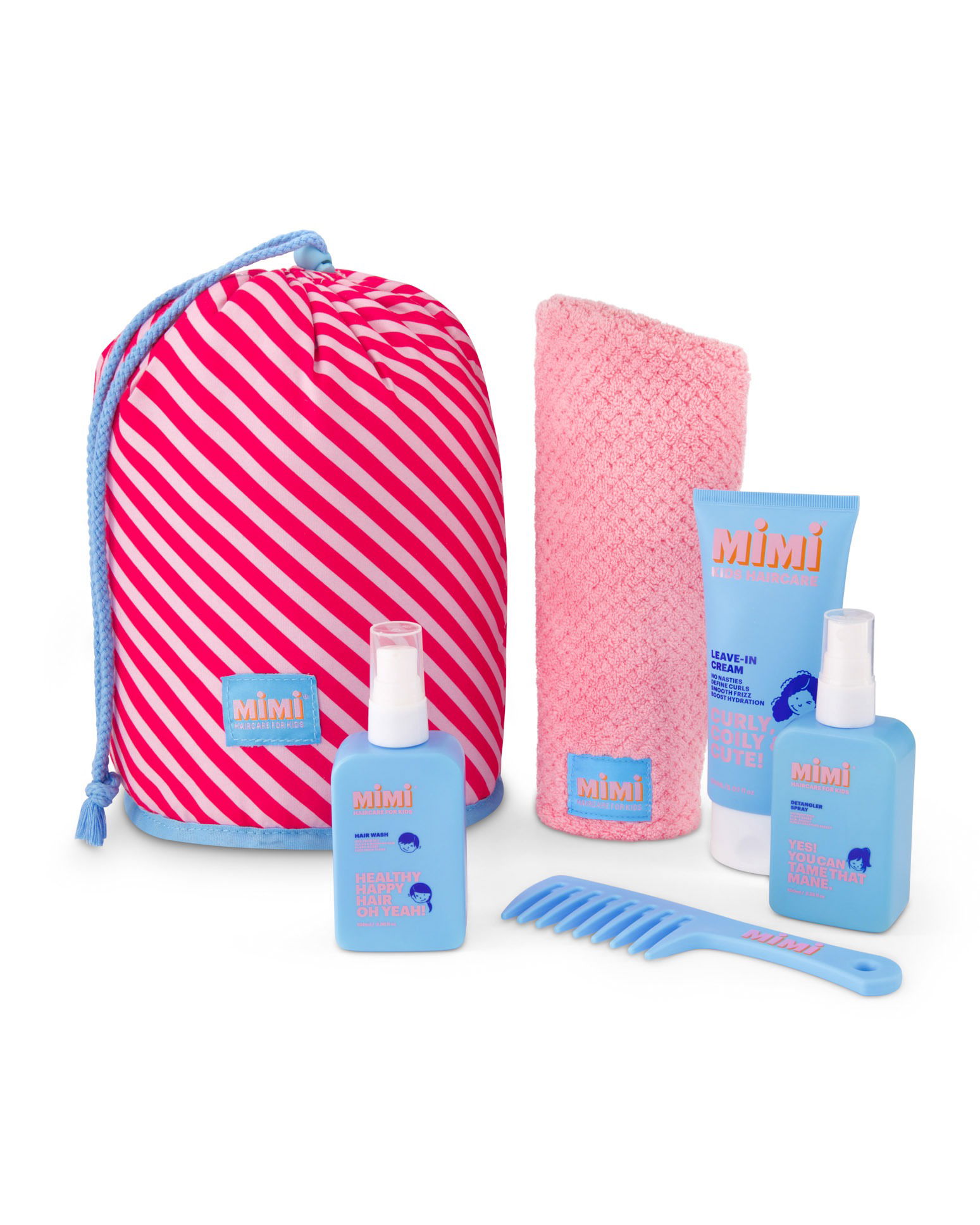 Kids hair care products set, including hair wash, styling gel, and spray, captured in a Brisbane studio with clean styling