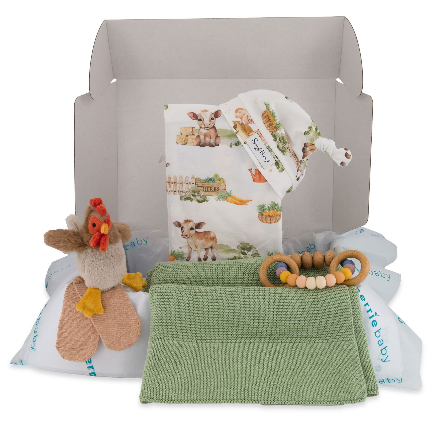 Baby product gift set photographed in a Brisbane studio, showcasing coordinated baby items with soft textures and clean styling