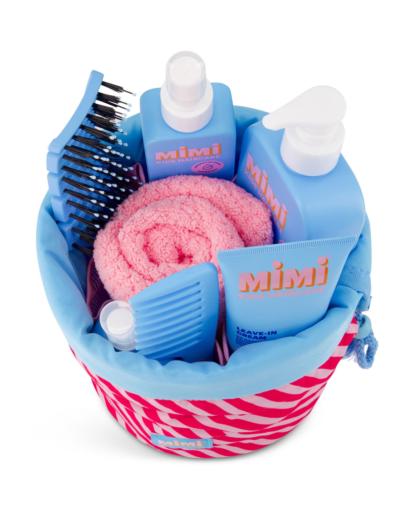 Brisbane studio photography of a kids hair care set, showing hair wash, styling gel, and hair styling spray together