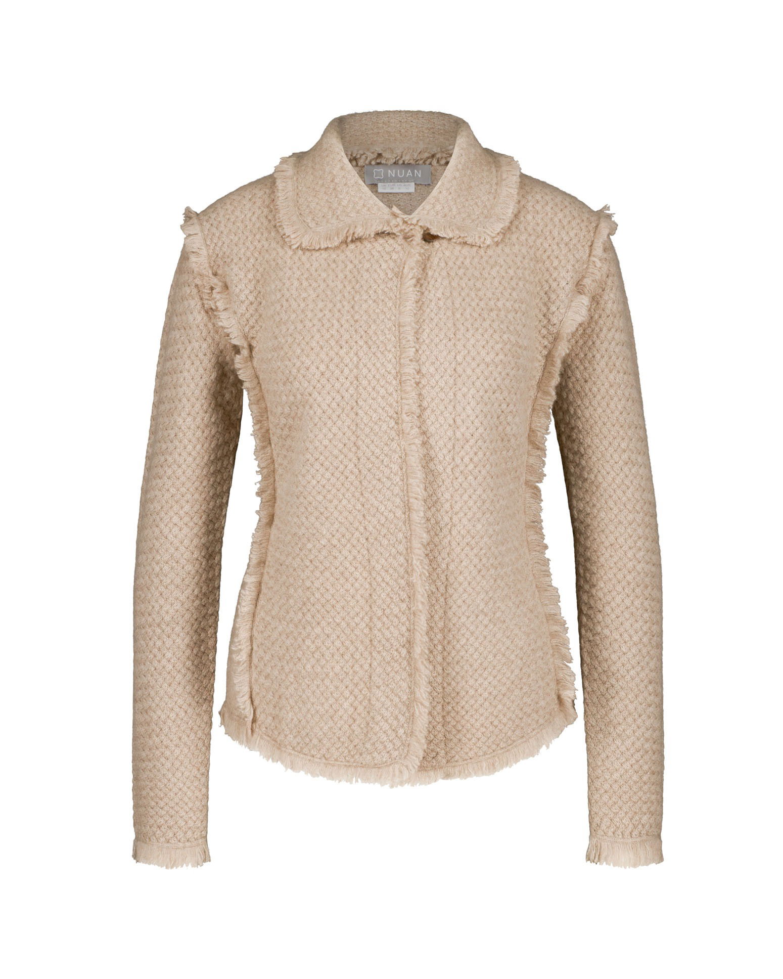 Front view of a sweater displayed with a ghost mannequin effect, showcasing its design and fit.
