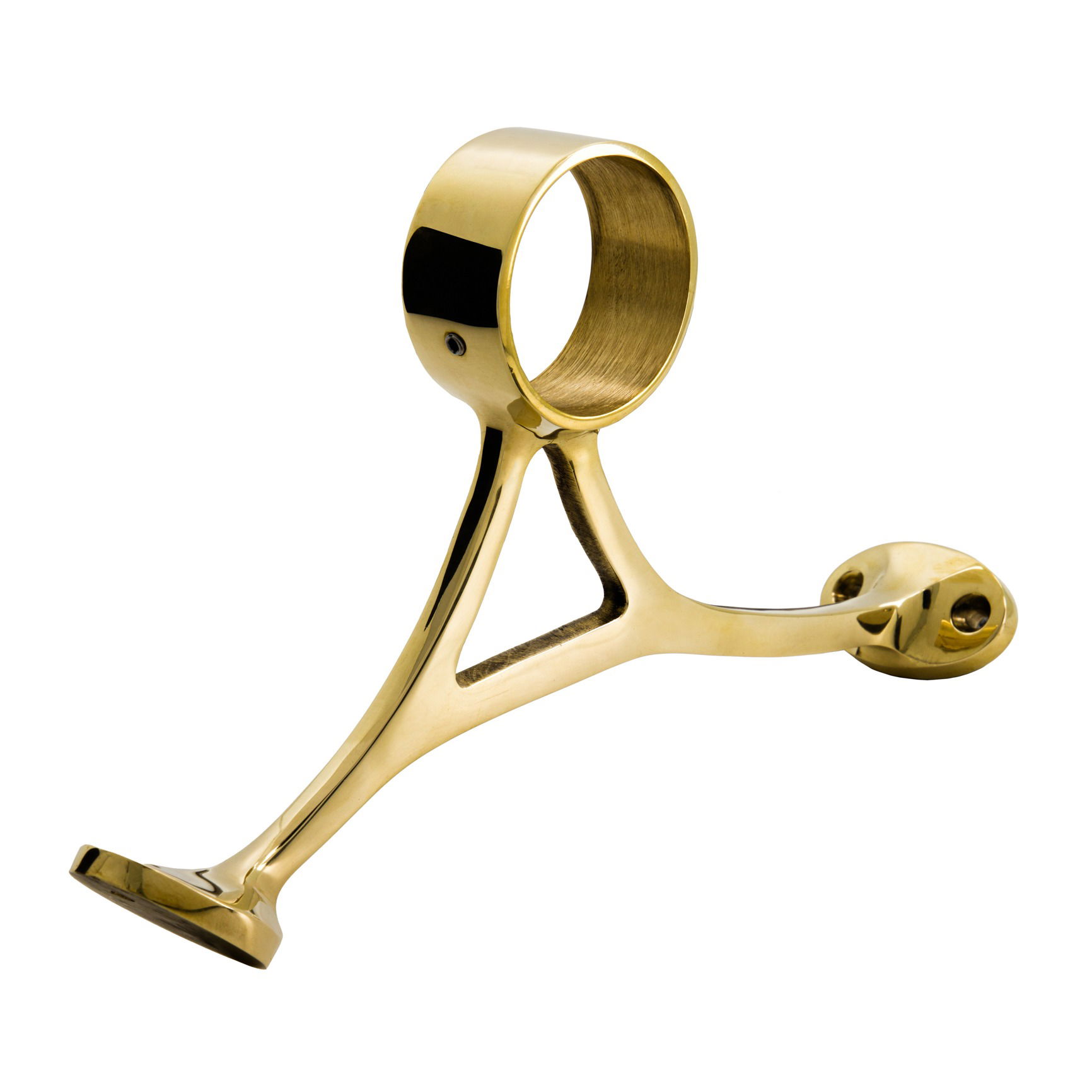 Studio product photo of a polished brass bar bracket shown from an angle, photographed in Brisbane by VERAS Studio