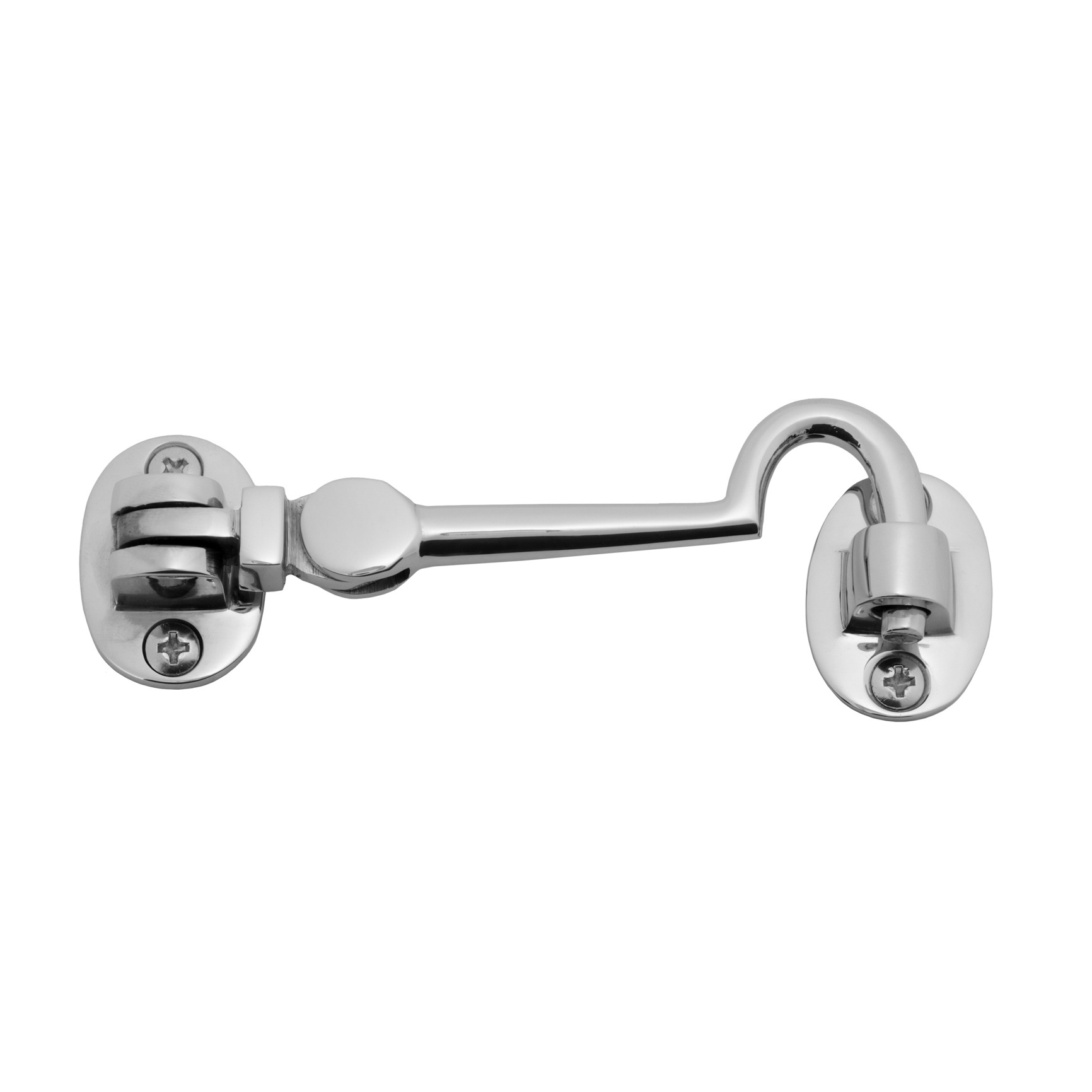 Studio product photo of a polished chrome cabin hook shown from an angle, photographed in Brisbane by VERAS Studio