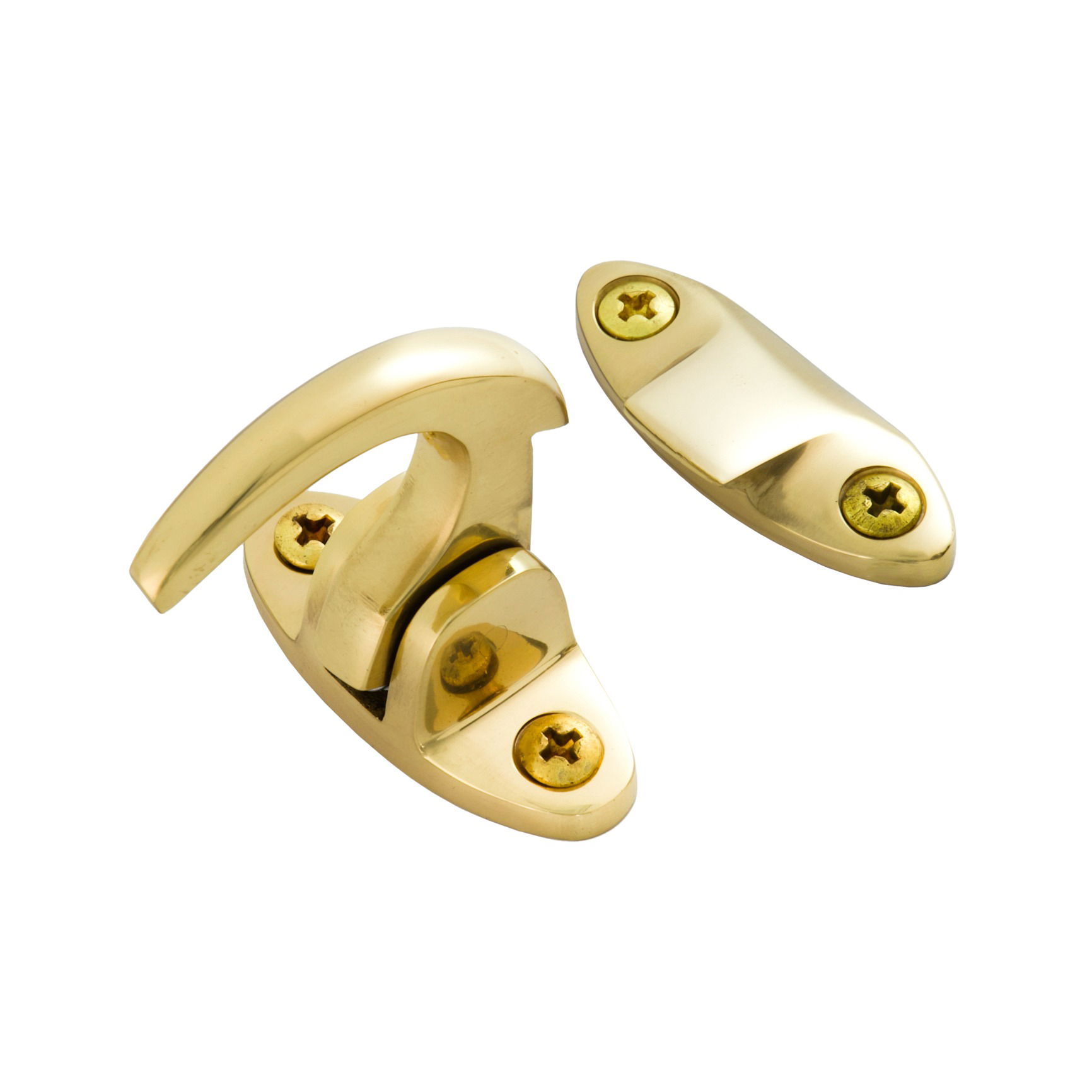 Studio product photo of a polished brass spur catch shown from an angle, photographed in Brisbane by VERAS Studio