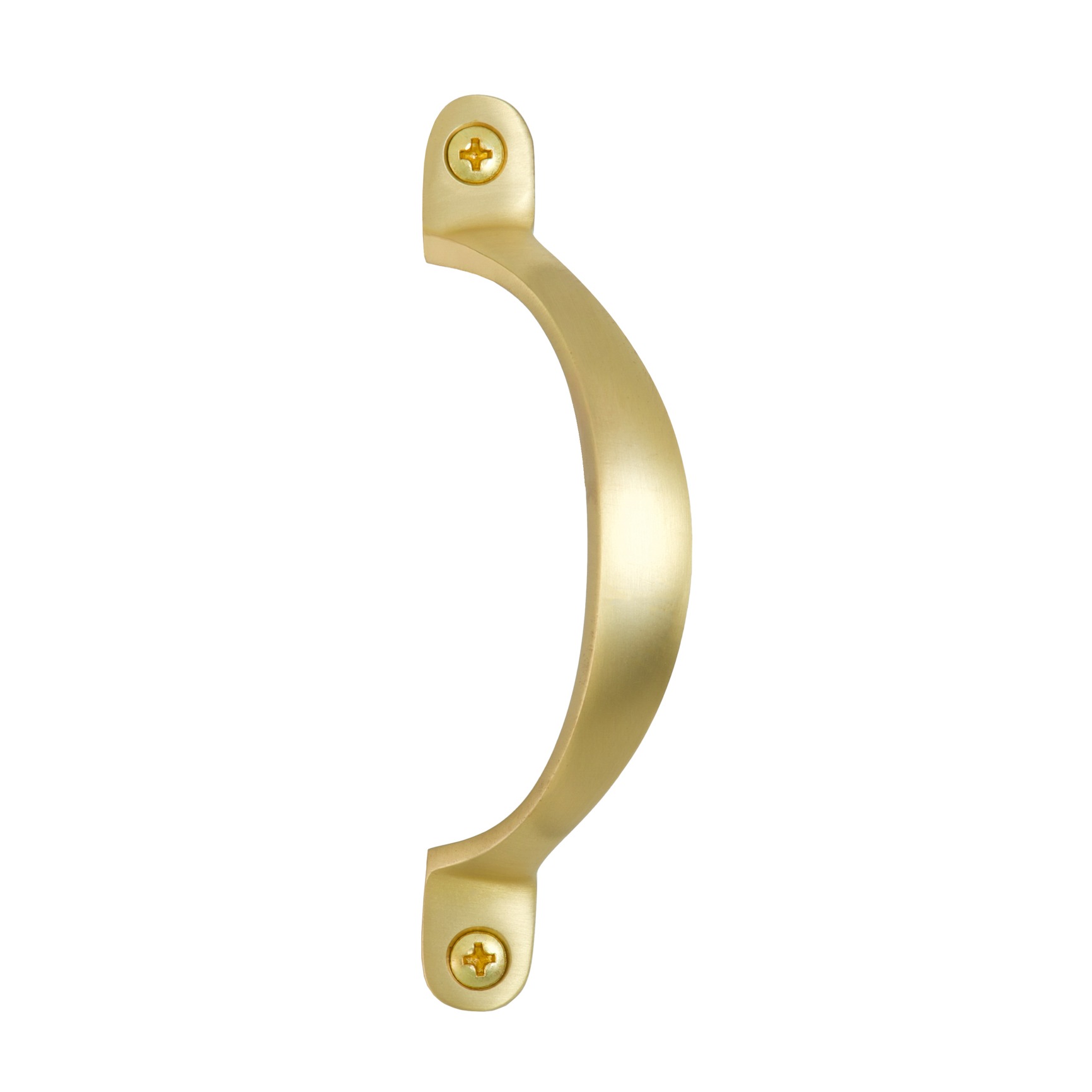 Studio product photo of a satin brass offset pull handle shown from a front, photographed in Brisbane by VERAS Studio