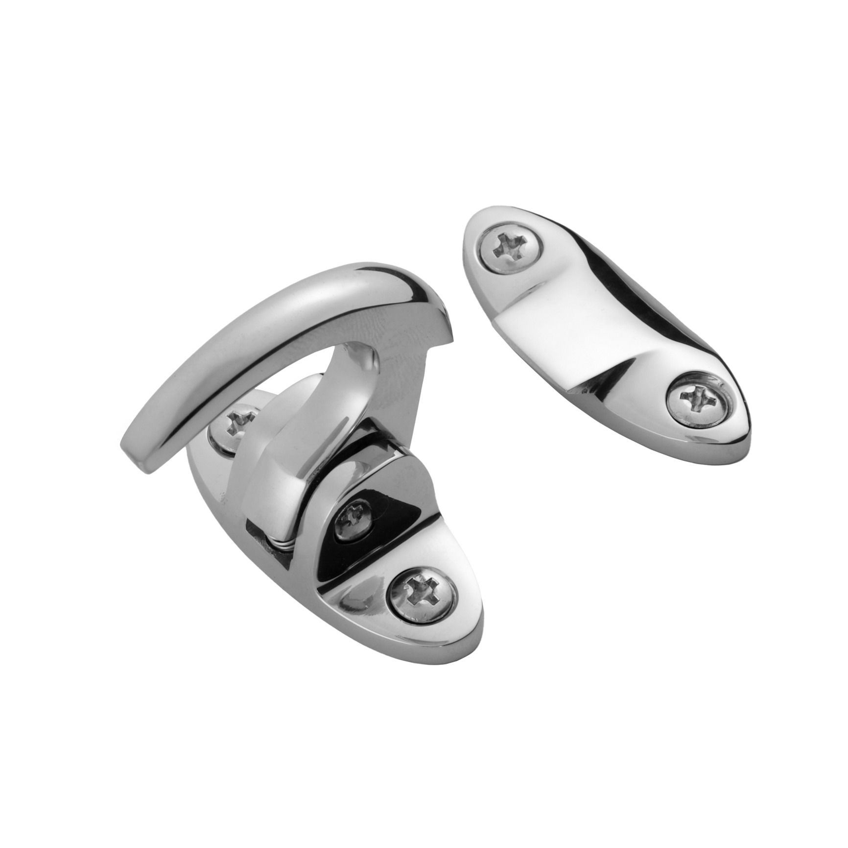 Studio product photo of a polished chrome spur catch shown from an angle, photographed in Brisbane by VERAS Studio