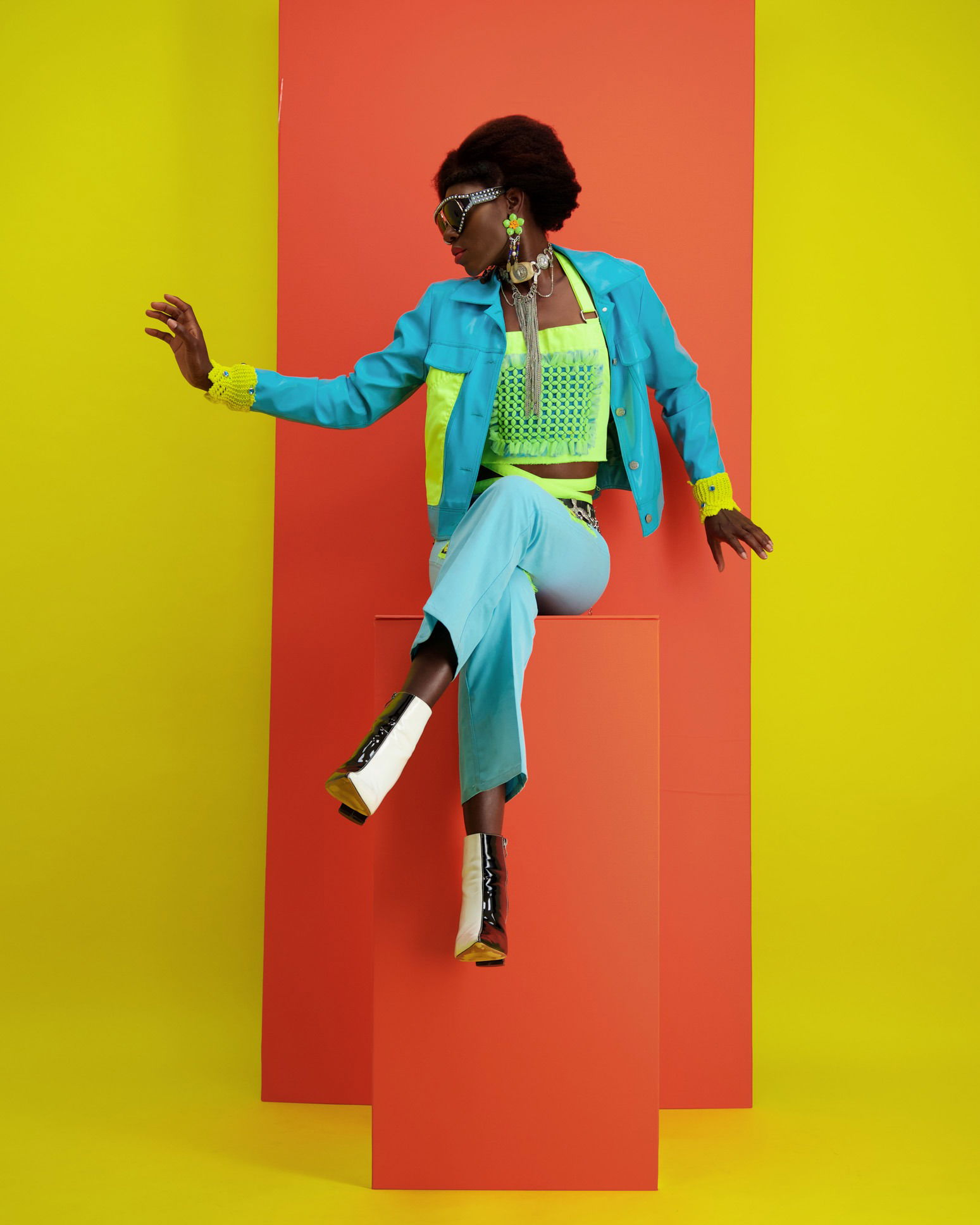 Creative model shot against colourful background