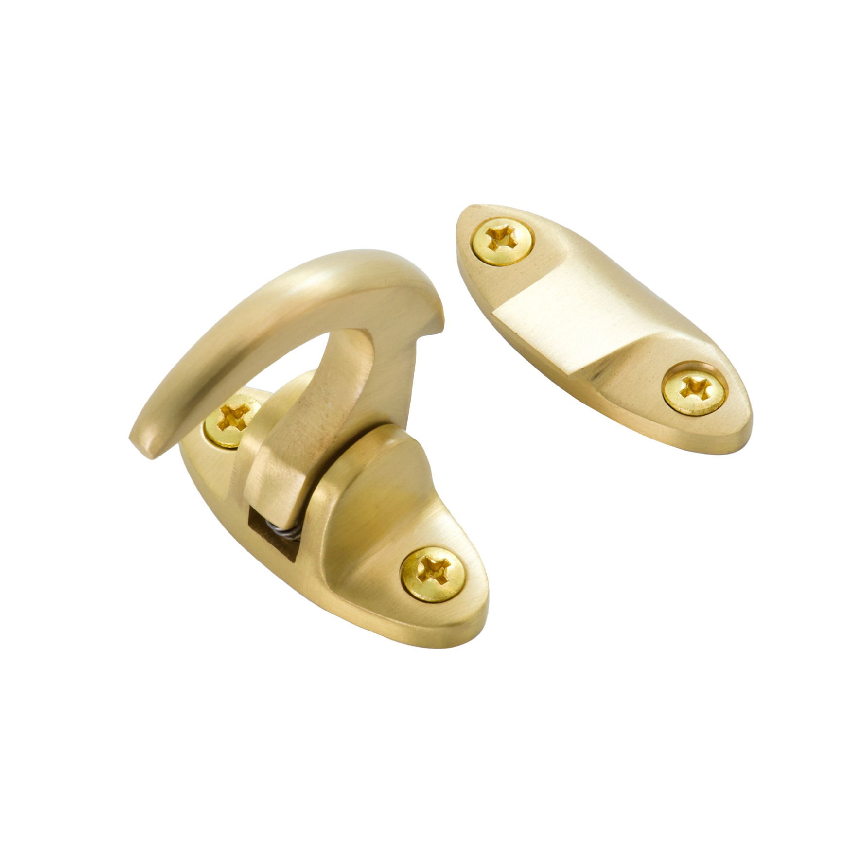 Studio product photo of a satin brass spur catch shown from an angle, photographed in Brisbane by VERAS Studio