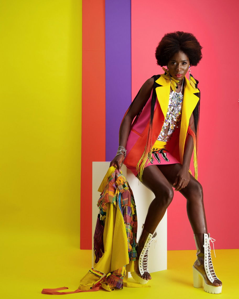 Creative model shot against colourful background