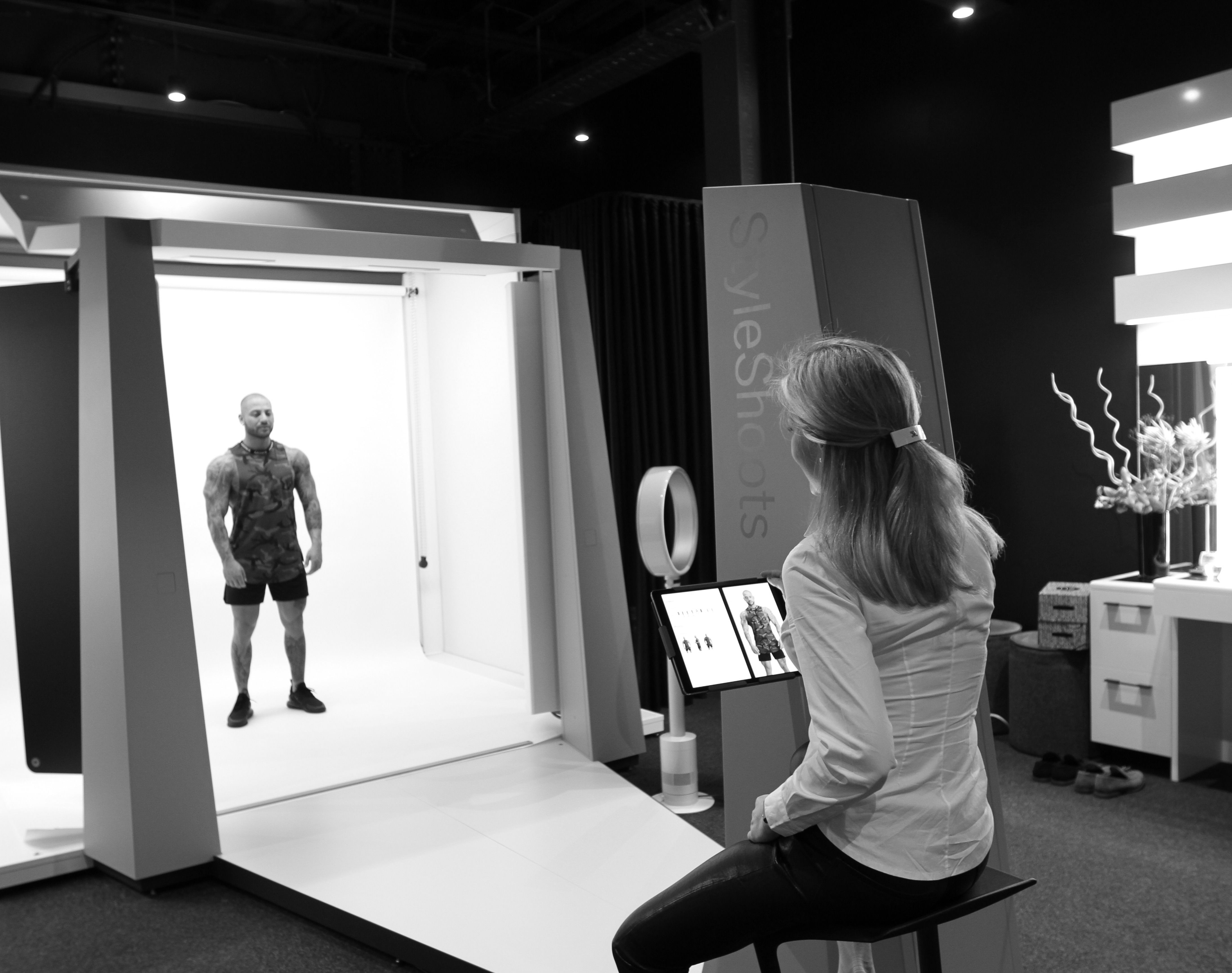 Model posing in the StyleShoots 'Live' Machine at VERAS Studio, West End, Brisbane.