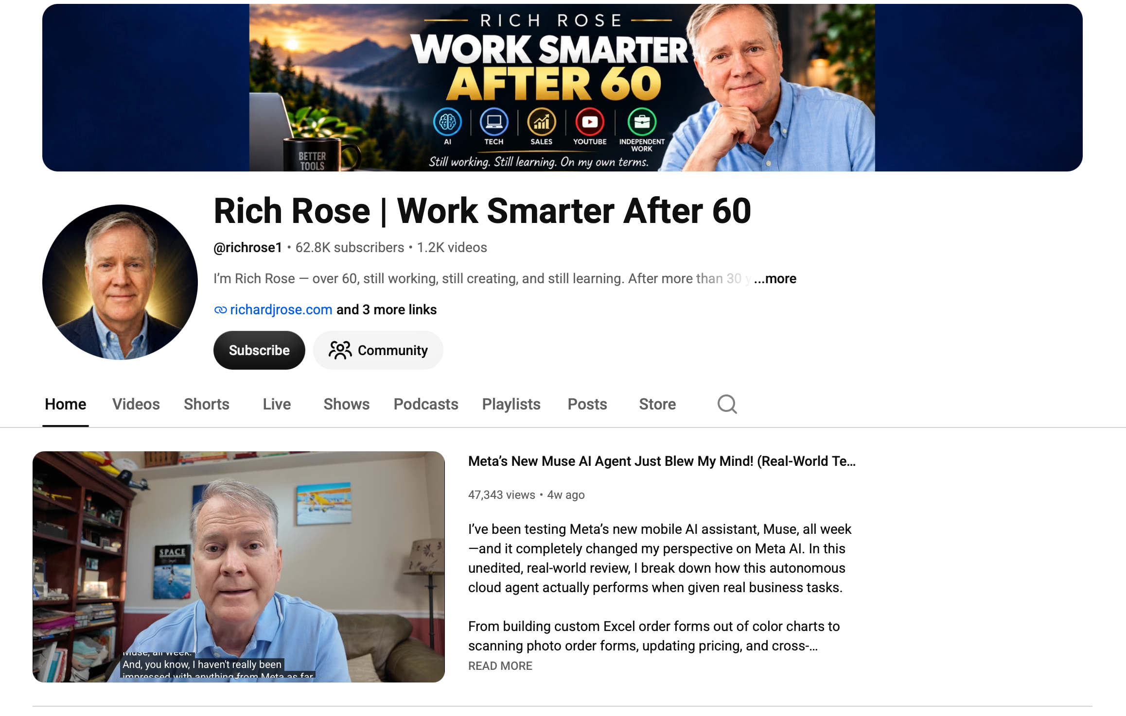 Rich Rose’s YouTube channel: Work Smarter After 60, featuring AI, technology and practical product reviews